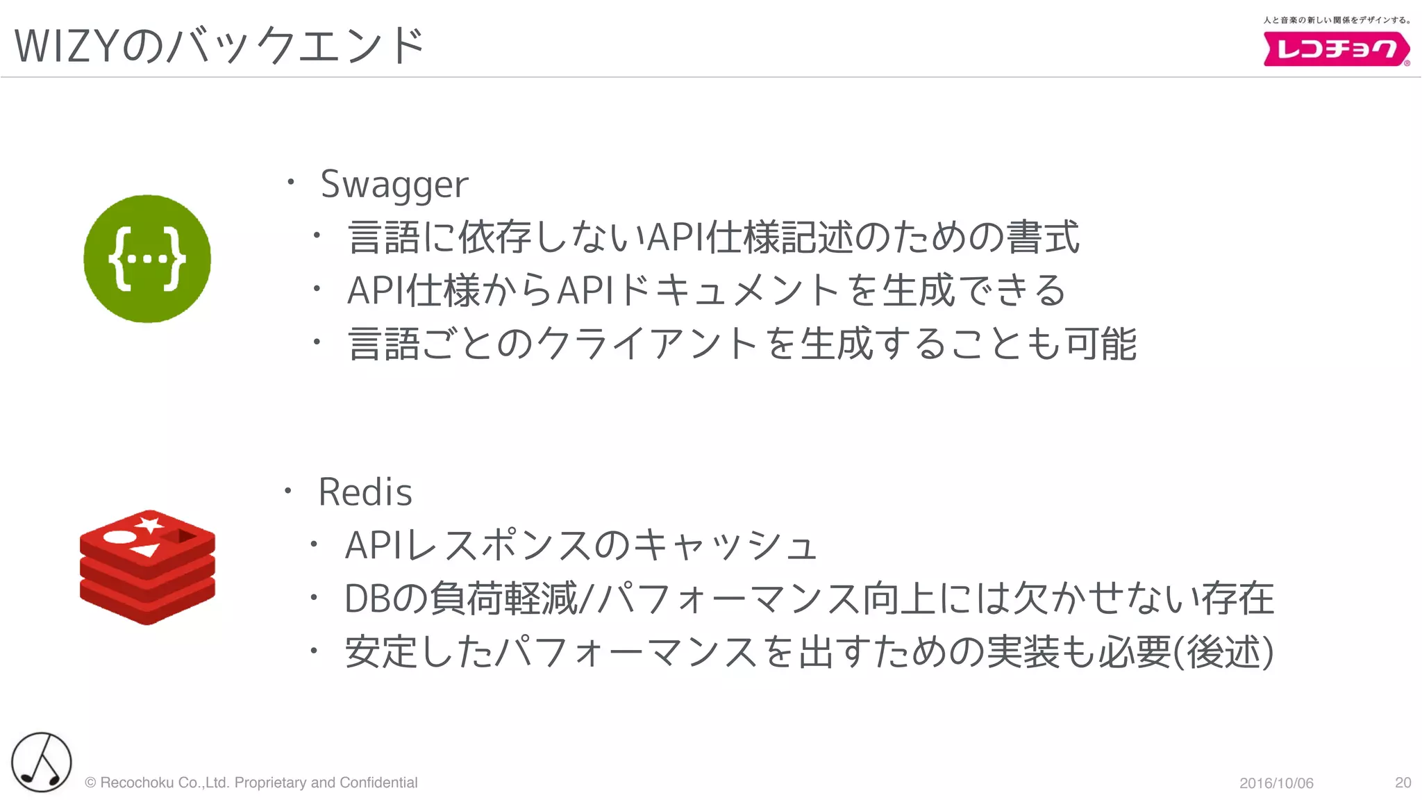 © Recochoku Co.,Ltd. Proprietary and Conﬁdential 2016/10/06
WIZYのバックエンド
20
• Swagger
• 言語に依存しないAPI仕様記述のための書式
• API仕様からAPIドキュメントを生成できる
• 言語ごとのクライアントを生成することも可能
• Redis
• APIレスポンスのキャッシュ
• DBの負荷軽減/パフォーマンス向上には欠かせない存在
• 安定したパフォーマンスを出すための実装も必要(後述)
 