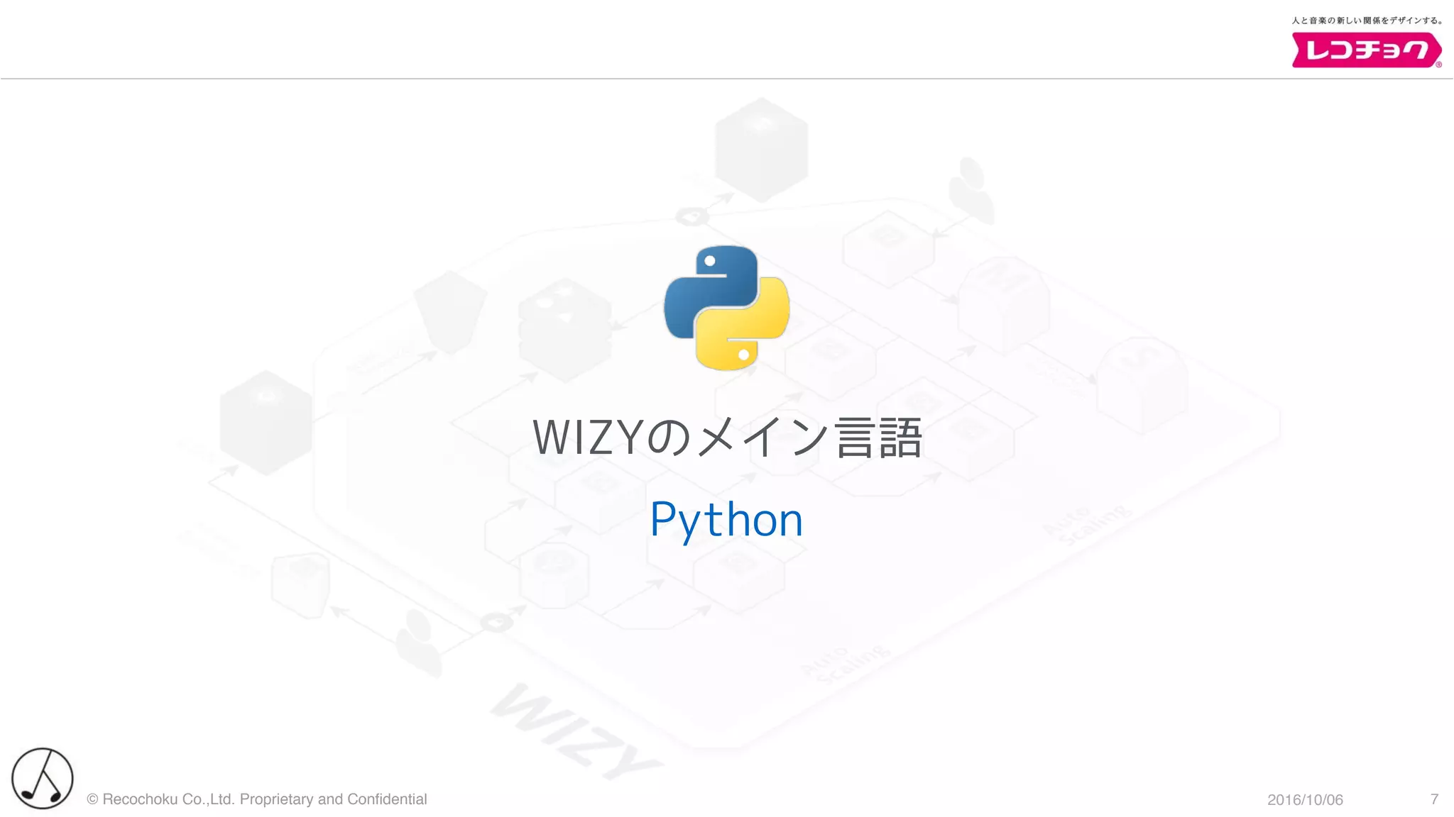 © Recochoku Co.,Ltd. Proprietary and Conﬁdential 2016/10/06
WIZYのメイン言語
Python
7
 