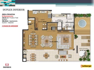 ÁREA PRIVATIVA 
08 Apartamentos 
308,64 m2 Privativo Total 
SENDO: 
300,42m2 - Apartamento 
8,22m2 – Depósito 
4 VAGAS DE GARAGEM 
DUPLEX INFERIOR 
A=52,14m2 
A=17,16m2 
A=6,29m2 
A=67,41m2 
A=4,20m2  