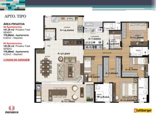 A=11.39m2 
A=9,72m2 
A=7,92m2 
A=14,22m2 
A=11,22m2 
A=5,81m2 
A=17,78m2 
A=8,93m2 
A=3,92m2 
ÁREA PRIVATIVA 
44 Apartamentos 
181,28 m2 Privativo Total 
SENDO: 
175,28m2 - Apartamento 
6,00m2 – Depósito 
04 Apartamentos 
183,50 m2 Privativo Total 
SENDO: 
175,28m2 - Apartamento 
8,22m2 – Depósito 
3 VAGAS DE GARAGEM 
A=7,66m2 
A=37,5m2 
APTO. TIPO  