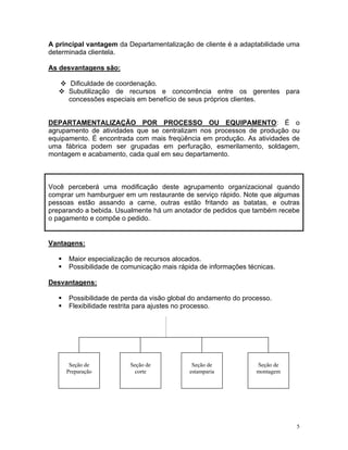 A principal vantagem da Departamentalização de cliente é a adaptabilidade uma
determinada clientela.
As desvantagens são:
Dificuldade de coordenação.
Subutilização de recursos e concorrência entre os gerentes para
concessões especiais em benefício de seus próprios clientes.
DEPARTAMENTALIZAÇÃO POR PROCESSO OU EQUIPAMENTO: É o
agrupamento de atividades que se centralizam nos processos de produção ou
equipamento. É encontrada com mais freqüência em produção. As atividades de
uma fábrica podem ser grupadas em perfuração, esmerilamento, soldagem,
montagem e acabamento, cada qual em seu departamento.
Você perceberá uma modificação deste agrupamento organizacional quando
comprar um hamburguer em um restaurante de serviço rápido. Note que algumas
pessoas estão assando a carne, outras estão fritando as batatas, e outras
preparando a bebida. Usualmente há um anotador de pedidos que também recebe
o pagamento e compõe o pedido.
Vantagens:
Maior especialização de recursos alocados.
Possibilidade de comunicação mais rápida de informações técnicas.
Desvantagens:
Possibilidade de perda da visão global do andamento do processo.
Flexibilidade restrita para ajustes no processo.
Seção de
Preparação
Seção de
corte
Seção de
estamparia
Seção de
montagem
5
 