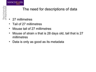 The need for descriptions of data
• 27 millimetres
• Tail of 27 millimetres
• Mouse tail of 27 millimetres
• Mouse of strain x that is 28 days old, tail that is 27
millimetres
• Data is only as good as its metadata
 