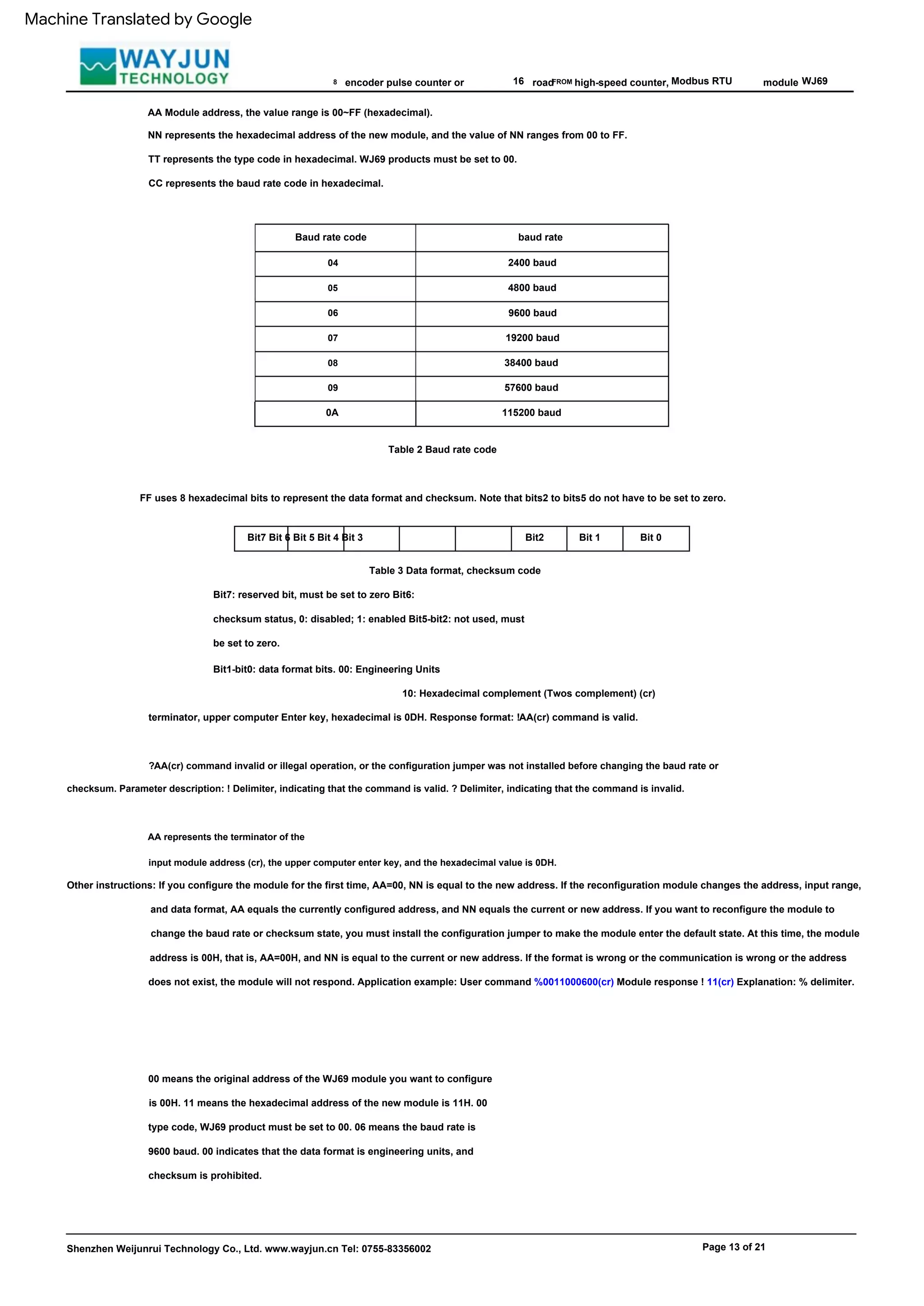 Table 2 Baud rate code
10: Hexadecimal complement (Twos complement) (cr)
terminator, upper computer Enter key, hexadecimal is 0DH. Response format: !AA(cr) command is valid.
?AA(cr) command invalid or illegal operation, or the configuration jumper was not installed before changing the baud rate or
checksum. Parameter description: ! Delimiter, indicating that the command is valid. ? Delimiter, indicating that the command is invalid.
Other instructions: If you configure the module for the first time, AA=00, NN is equal to the new address. If the reconfiguration module changes the address, input range,
and data format, AA equals the currently configured address, and NN equals the current or new address. If you want to reconfigure the module to
change the baud rate or checksum state, you must install the configuration jumper to make the module enter the default state. At this time, the module
address is 00H, that is, AA=00H, and NN is equal to the current or new address. If the format is wrong or the communication is wrong or the address
does not exist, the module will not respond. Application example: User command %0011000600(cr) Module response ! 11(cr) Explanation: % delimiter.
04
4800 baud
16
Bit2 Bit 0
Modbus RTU
06
19200 baud
Shenzhen Weijunrui Technology Co., Ltd. www.wayjun.cn Tel: 0755-83356002
38400 baud
07
WJ69
NN represents the hexadecimal address of the new module, and the value of NN ranges from 00 to FF.
road
Table 3 Data format, checksum code
Page 13 of 21
09
module
CC represents the baud rate code in hexadecimal.
baud rate
115200 baud
8
Baud rate code
2400 baud
FF uses 8 hexadecimal bits to represent the data format and checksum. Note that bits2 to bits5 do not have to be set to zero.
Bit7 Bit 6 Bit 5 Bit 4 Bit 3
Bit1-bit0: data format bits. 00: Engineering Units
AA represents the terminator of the
input module address (cr), the upper computer enter key, and the hexadecimal value is 0DH.
9600 baud
05
FROM
Bit 1
00 means the original address of the WJ69 module you want to configure
is 00H. 11 means the hexadecimal address of the new module is 11H. 00
type code, WJ69 product must be set to 00. 06 means the baud rate is
9600 baud. 00 indicates that the data format is engineering units, and
checksum is prohibited.
encoder pulse counter or
AA Module address, the value range is 00~FF (hexadecimal).
57600 baud
high-speed counter,
TT represents the type code in hexadecimal. WJ69 products must be set to 00.
0A
08
Bit7: reserved bit, must be set to zero Bit6:
checksum status, 0: disabled; 1: enabled Bit5-bit2: not used, must
be set to zero.
Machine Translated by Google
 
