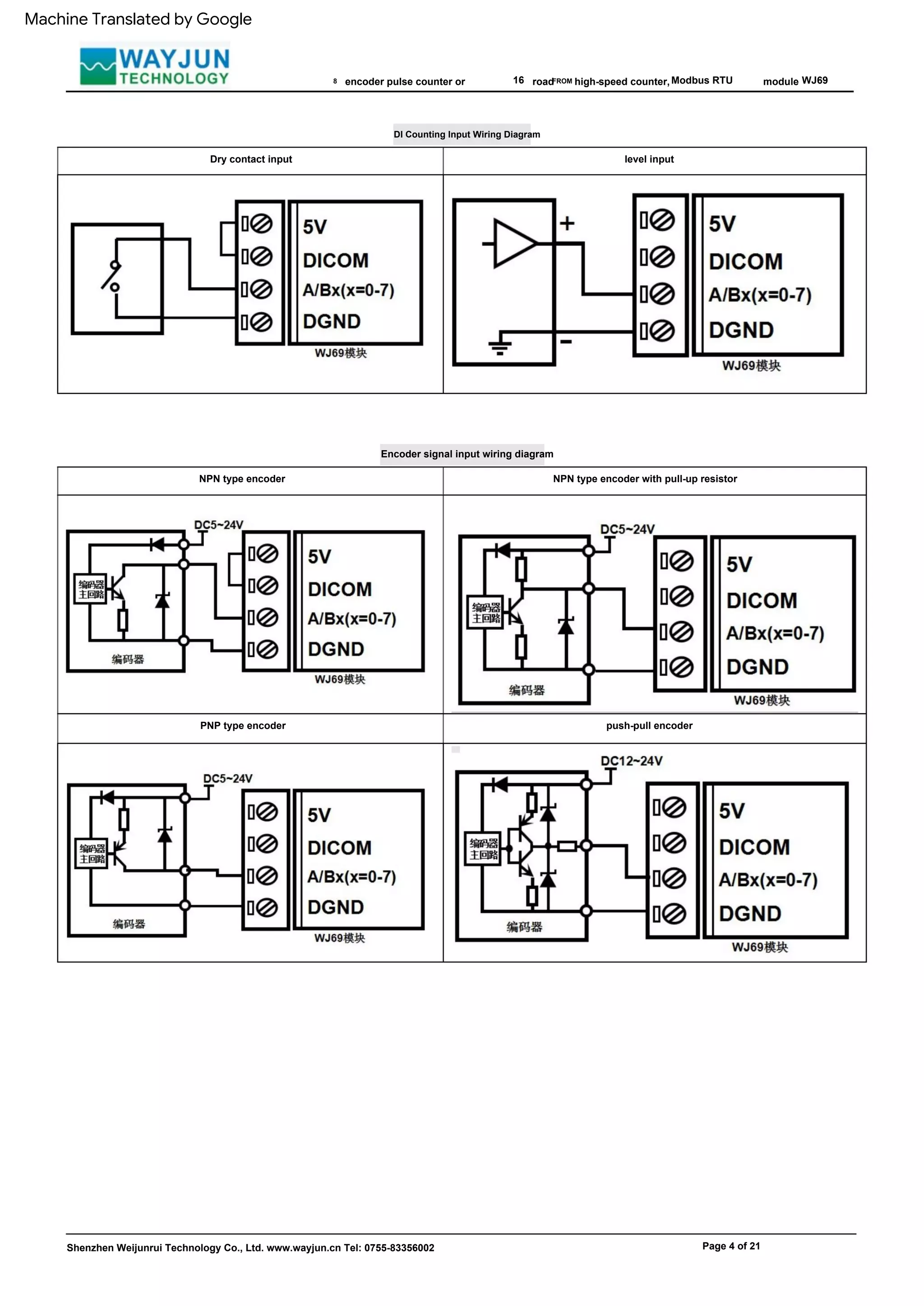 FROM
road
PNP type encoder
Modbus RTU
push-pull encoder
NPN type encoder with pull-up resistor
8 16
NPN type encoder
high-speed counter,
level input
Encoder signal input wiring diagram
module
Shenzhen Weijunrui Technology Co., Ltd. www.wayjun.cn Tel: 0755-83356002
WJ69
encoder pulse counter or
Page 4 of 21
DI Counting Input Wiring Diagram
Dry contact input
Machine Translated by Google
 