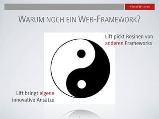 WARUM NOCH EIN WEB-FRAMEWORK?
                           Lift pickt Rosinen von
                           anderen Frameworks




  Lift bringt eigene
innovative Ansätze

                       3
 