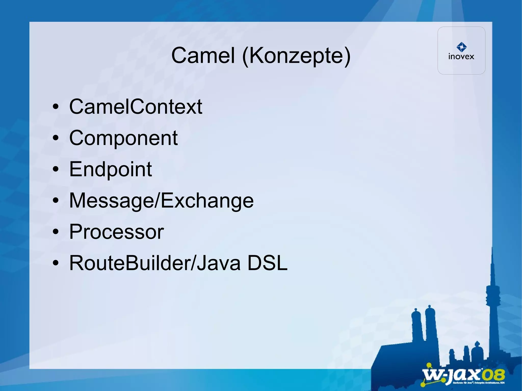 Camel (Konzepte)‏ CamelContext Component Endpoint Message/Exchange Processor RouteBuilder/Java DSL 
