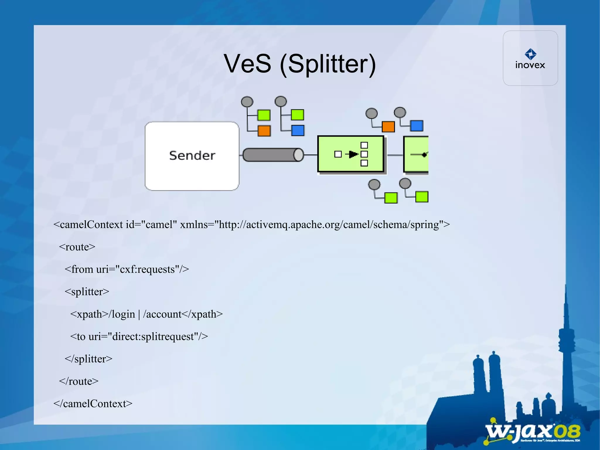 VeS (Splitter)‏ <camelContext id=&quot;camel&quot; xmlns=&quot;http://activemq.apache.org/camel/schema/spring&quot;> <route> <from uri=&quot;cxf:requests&quot;/> <splitter> <xpath>/login | /account</xpath> <to uri=&quot;direct:splitrequest&quot;/> </splitter> </route> </camelContext> 