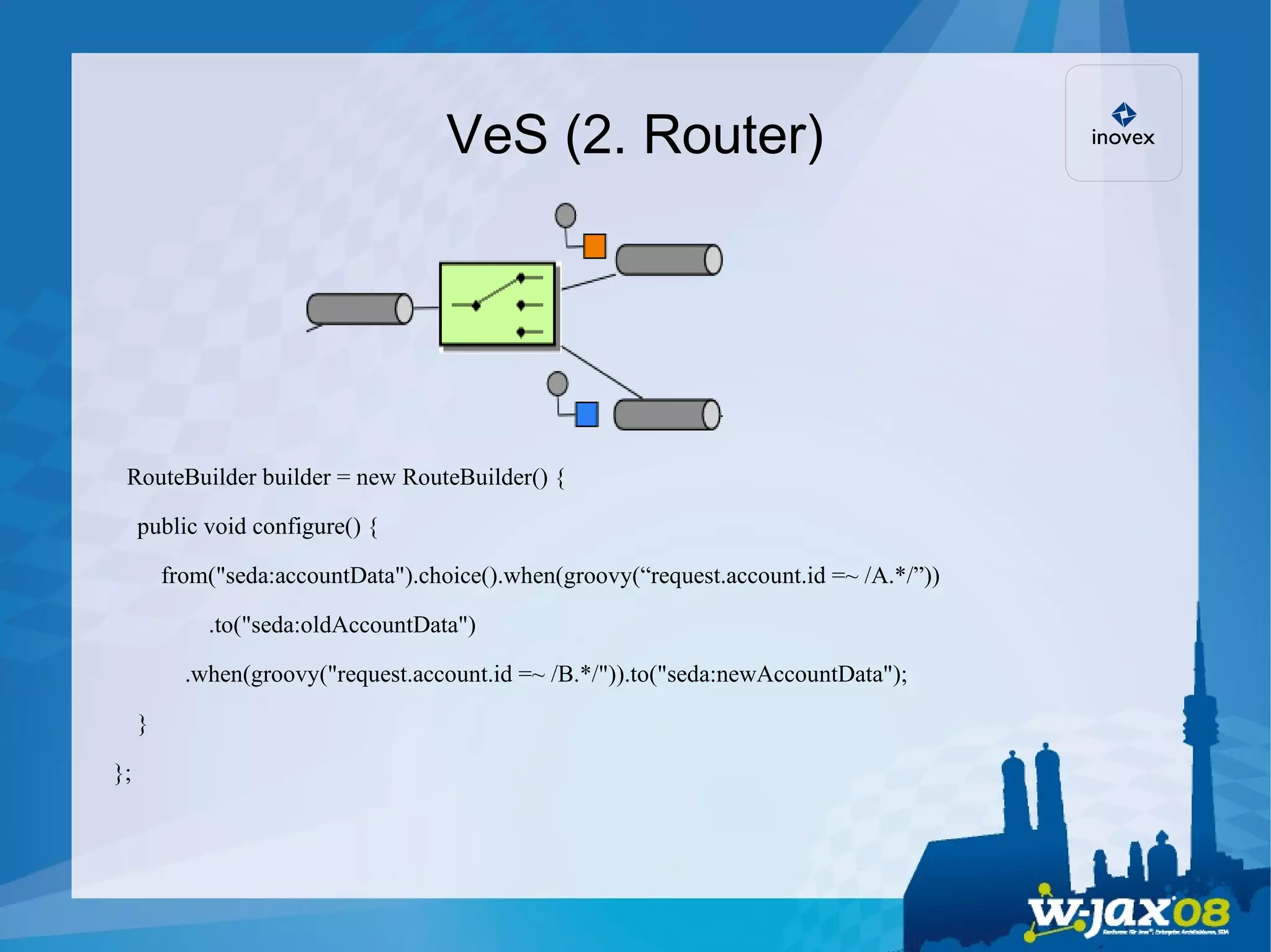 VeS (2. Router)‏ RouteBuilder builder = new RouteBuilder() { public void configure() { from(&quot;seda:accountData&quot;).choice().when(groovy(“request.account.id =~ /A.*/”))‏ .to(&quot;seda:oldAccountData&quot;)‏ .when(groovy(&quot;request.account.id =~ /B.*/&quot;)).to(&quot;seda:newAccountData&quot;); } }; 