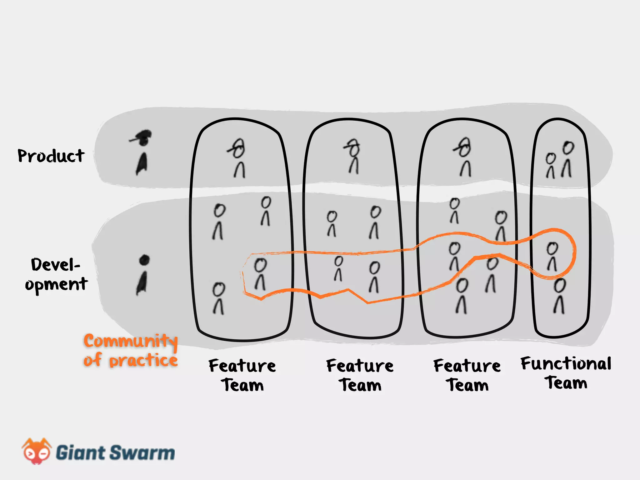 Feature 
Team 
Product 
Devel-opment 
Feature 
Team 
Feature 
Team 
Functional 
Team 
Community 
of practice 
 