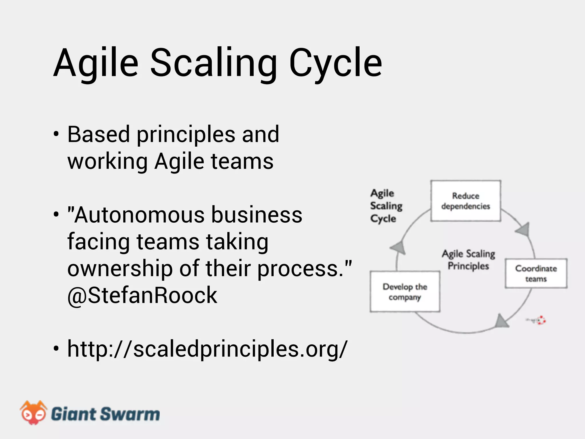Agile Scaling Cycle 
• Based principles and 
working Agile teams 
• "Autonomous business 
facing teams taking 
ownership of their process.” 
@StefanRoock 
• http://scaledprinciples.org/ 
 