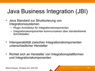 Java Business Integration (JBI)
• Java Standard zur Strukturierung von
  Integrationssystemen
     – Plugin Architektur fü...