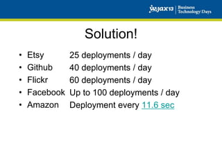 Solution!
•
•
•
•
•

Etsy
Github
Flickr
Facebook
Amazon

25 deployments / day
40 deployments / day
60 deployments / day
Up to 100 deployments / day
Deployment every 11.6 sec

 