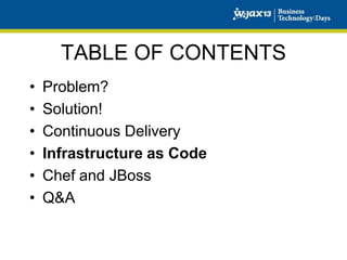 TABLE OF CONTENTS
•
•
•
•
•
•

Problem?
Solution!
Continuous Delivery
Infrastructure as Code
Chef and JBoss
Q&A

 