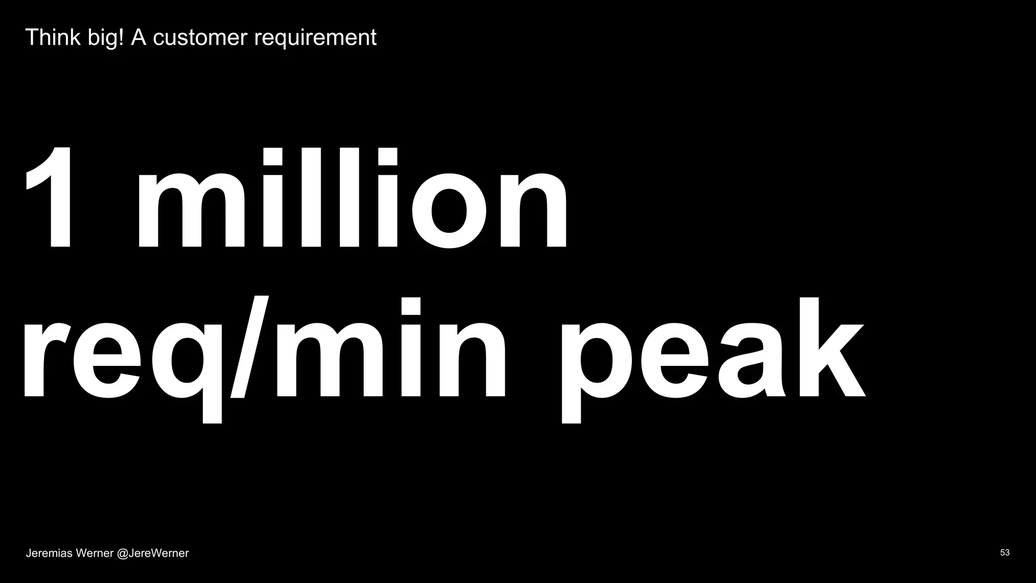 Think big! A customer requirement
1 million
req/min peak
53Jeremias Werner @JereWerner
 