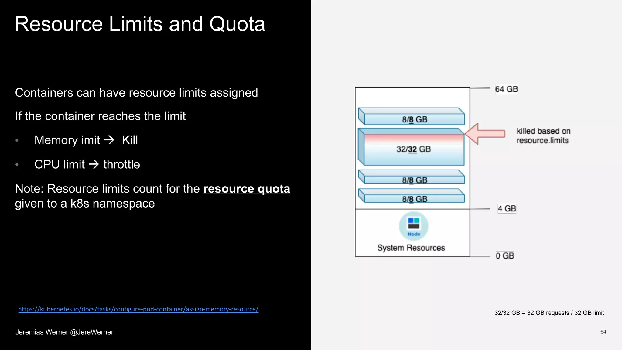Resource Limits and Quota
64
Containers can have resource limits assigned
If the container reaches the limit
• Memory imit à Kill
• CPU limit à throttle
Note: Resource limits count for the resource quota
given to a k8s namespace
32/32 GB = 32 GB requests / 32 GB limit
https://kubernetes.io/docs/tasks/configure-pod-container/assign-memory-resource/
Jeremias Werner @JereWerner
 