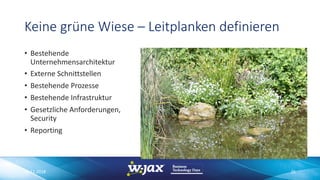 Keine grüne Wiese – Leitplanken definieren
• Bestehende
Unternehmensarchitektur
• Externe Schnittstellen
• Bestehende Prozesse
• Bestehende Infrastruktur
• Gesetzliche Anforderungen,
Security
• Reporting
06.11.2018 25
 