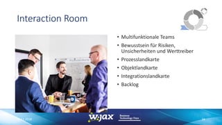 Interaction Room
• Multifunktionale Teams
• Bewusstsein für Risiken,
Unsicherheiten und Werttreiber
• Prozesslandkarte
• Objektlandkarte
• Integrationslandkarte
• Backlog
06.11.2018 34
 