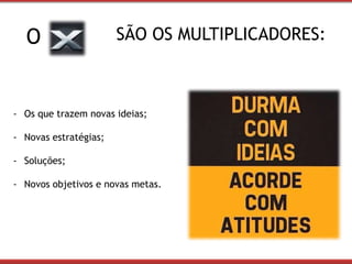 O SÃO OS MULTIPLICADORES: 
- Os que trazem novas ideias; 
- Novas estratégias; 
- Soluções; 
- Novos objetivos e novas metas. 
 