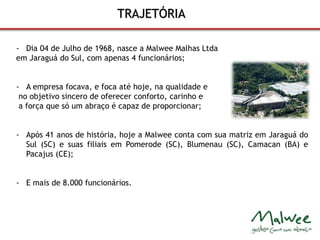 TRAJETÓRIA 
- Dia 04 de Julho de 1968, nasce a Malwee Malhas Ltda 
em Jaraguá do Sul, com apenas 4 funcionários; 
- A empresa focava, e foca até hoje, na qualidade e 
no objetivo sincero de oferecer conforto, carinho e 
a força que só um abraço é capaz de proporcionar; 
- Após 41 anos de história, hoje a Malwee conta com sua matriz em Jaraguá do 
Sul (SC) e suas filiais em Pomerode (SC), Blumenau (SC), Camacan (BA) e 
Pacajus (CE); 
- E mais de 8.000 funcionários. 
 