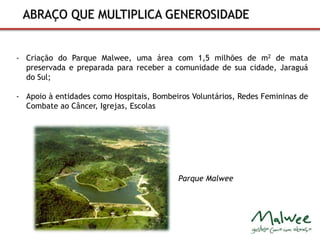 ABRAÇO QUE MULTIPLICA GENEROSIDADE 
- Criação do Parque Malwee, uma área com 1,5 milhões de m2 de mata 
preservada e preparada para receber a comunidade de sua cidade, Jaraguá 
do Sul; 
- Apoio à entidades como Hospitais, Bombeiros Voluntários, Redes Femininas de 
Combate ao Câncer, Igrejas, Escolas 
Parque Malwee 
 