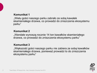 Komunikat 1
           „Wielu gości naszego parku zabrało ze sobą kawałek
           skamieniałego drzewa, co prowadzi do zniszczenia ekosystemu
           parku”

           Komunikat 2
           „Wandale wynoszą rocznie 14 ton kawałków skamieniałego
           drzewa, co prowadzi do zniszczenia ekosystemu parku”

           Komunikat 3
           „Większość gości naszego parku nie zabiera ze sobą kawałków
           skamieniałego drzewa, ponieważ prowadzi to do zniszczenia
           ekosystemu parku”




.3   Paweł Wójcik, 4P Research Mix – Next Generation Consumer Care 2012
 