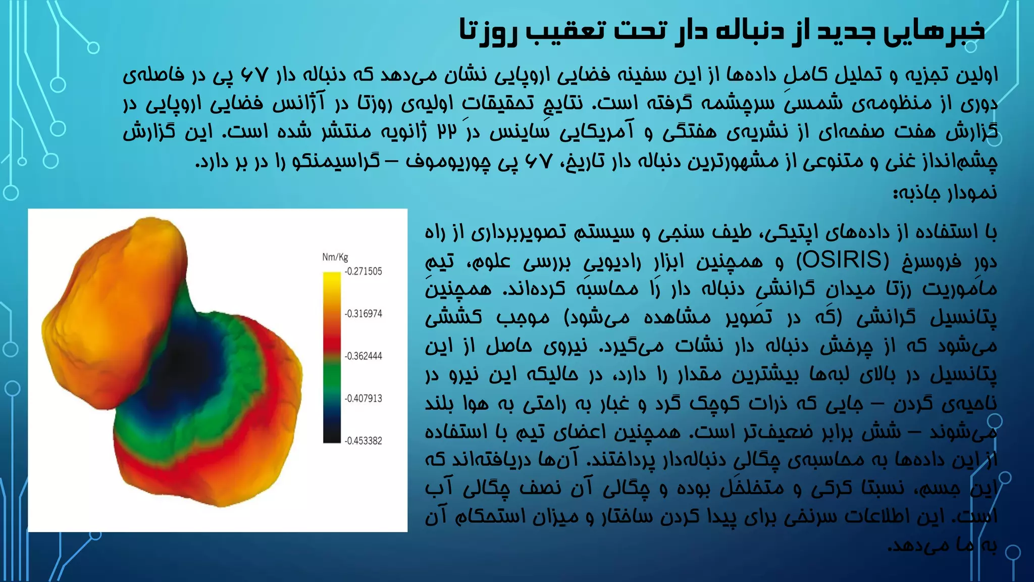 ‫روزتا‬ ‫تعقیب‬ ‫تحت‬‫دار‬ ‫دنباله‬ ‫از‬‫جدید‬‫خبرهایی‬
‫جاذبه‬ ‫نمودار‬:
‫با‬‫استفاده‬‫از‬‫های‬‫داده‬،‫اپتیکی‬‫طیف‬‫سنجی‬‫و‬‫سیستم‬‫تصویرب‬‫رداری‬‫از‬‫راه‬
ِ‫ر‬‫دو‬‫فروسرخ‬(OSIRIS)‫و‬‫همچنین‬ِ‫ر‬‫ابزا‬ِ‫ی‬‫رادیوی‬‫بررسی‬،‫علوم‬ِ‫م‬‫تی‬
‫ماموریت‬‫رزتا‬ِ‫ن‬‫میدا‬ِ‫ی‬‫گرانش‬‫دنباله‬‫دار‬‫را‬‫محاسبه‬‫اند‬‫کرده‬.‫همچنین‬
‫پتانسیل‬‫گرانشی‬(‫که‬‫در‬‫تصویر‬‫مشاهده‬‫شود‬‫می‬)‫موجب‬‫کششی‬
‫شود‬‫می‬‫که‬‫از‬‫چرخش‬‫دنباله‬‫دار‬‫نشات‬‫گیرد‬‫می‬.‫نیروی‬‫حاصل‬‫از‬‫این‬
‫پتانسیل‬‫در‬‫باالی‬‫ها‬‫لبه‬‫بیشترین‬‫مقدار‬‫را‬،‫دارد‬‫در‬‫حالیکه‬‫این‬‫ن‬‫یرو‬‫در‬
‫ی‬‫ناحیه‬‫گردن‬–‫جایی‬‫که‬‫ذرات‬‫کوچک‬‫گرد‬‫و‬‫غبار‬‫به‬‫راحتی‬‫به‬‫هوا‬‫بل‬‫ند‬
‫شوند‬‫می‬–‫شش‬‫برابر‬‫تر‬‫ضعیف‬‫است‬.‫همچنین‬‫اعضای‬‫تیم‬‫با‬‫اس‬‫تفاده‬
‫از‬‫این‬‫ها‬‫داده‬‫به‬‫ی‬‫محاسبه‬ِ‫ی‬‫چگال‬‫دار‬‫دنباله‬‫پرداختند‬.‫ها‬‫آن‬‫دریافته‬‫اند‬‫که‬
‫این‬،‫جسم‬‫نسبتا‬‫کرکی‬‫و‬‫متخلخل‬‫بوده‬‫و‬‫چگالی‬‫آن‬‫نصف‬‫چگالی‬‫آب‬
‫است‬.‫این‬‫اطالعات‬‫سرنخی‬‫برای‬‫پیدا‬‫کردن‬‫ساختار‬‫و‬‫میزان‬‫استحک‬‫ام‬‫آن‬
‫به‬‫ما‬‫دهد‬‫می‬.
‫اولین‬‫تجزیه‬‫و‬‫تحلیل‬ِ‫ل‬‫کام‬‫ها‬‫داده‬‫از‬‫این‬‫سفینه‬‫فضایی‬‫اروپایی‬‫نشان‬‫دهد‬‫می‬‫که‬‫دنباله‬‫دار‬۶۷‫پی‬‫در‬‫ی‬‫فاصله‬
‫دوری‬‫از‬‫ی‬‫منظومه‬‫شمسی‬‫سرچشمه‬‫گرفته‬‫است‬.ِ‫ج‬‫نتای‬ِ‫ت‬‫تحقیقا‬‫ی‬‫اولیه‬‫روزتا‬‫در‬‫آژانس‬‫فضایی‬‫اروپا‬‫یی‬‫در‬
‫گزارش‬‫هفت‬‫ای‬‫صفحه‬‫از‬‫ی‬‫نشریه‬‫هفتگی‬‫و‬‫آمریکایی‬‫ساینس‬‫در‬22‫ژانویه‬‫منتشر‬‫شده‬‫است‬.‫این‬‫گزارش‬
‫انداز‬‫چشم‬‫غنی‬‫و‬‫متنوعی‬‫از‬‫مشهورترین‬‫دنباله‬‫دار‬،‫تاریخ‬۶۷‫پی‬‫چوریوموف‬–‫گراسیمنکو‬‫را‬‫در‬‫بر‬‫دارد‬.
 