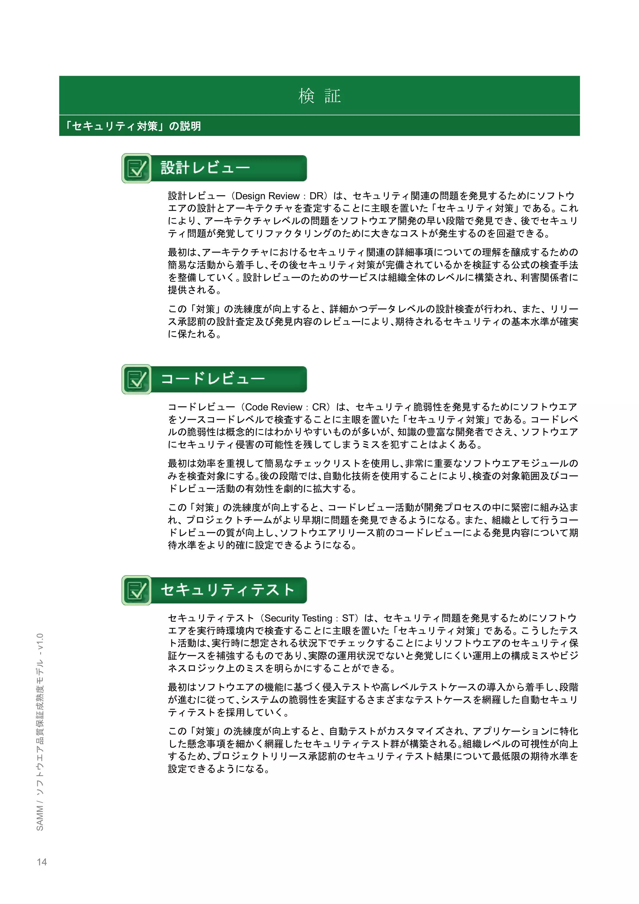 14 
SAMM / ソフトウエア品質保証成熟度モデル - v1.0 
検 証 「セキュリティ対策」の説明 
設計レビュー（Design Review：DR）は、セキュリティ関連の問題を発見するためにソフトウ エアの設計とアーキテクチャを査定することに主眼を置いた「セキュリティ対策」である。これ により、アーキテクチャレベルの問題をソフトウエア開発の早い段階で発見でき、後でセキュリ ティ問題が発覚してリファクタリングのために大きなコストが発生するのを回避できる。 
最初は、アーキテクチャにおけるセキュリティ関連の詳細事項についての理解を醸成するための 簡易な活動から着手し、その後セキュリティ対策が完備されているかを検証する公式の検査手法 を整備していく。設計レビューのためのサービスは組織全体のレベルに構築され、利害関係者に 提供される。 
この「対策」の洗練度が向上すると、詳細かつデータレベルの設計検査が行われ、また、リリー ス承認前の設計査定及び発見内容のレビューにより、期待されるセキュリティの基本水準が確実 に保たれる。 
コードレビュー（Code Review：CR）は、セキュリティ脆弱性を発見するためにソフトウエア をソースコードレベルで検査することに主眼を置いた「セキュリティ対策」である。コードレベ ルの脆弱性は概念的にはわかりやすいものが多いが、知識の豊富な開発者でさえ、ソフトウエア にセキュリティ侵害の可能性を残してしまうミスを犯すことはよくある。 
最初は効率を重視して簡易なチェックリストを使用し、非常に重要なソフトウエアモジュールの みを検査対象にする。後の段階では、自動化技術を使用することにより、検査の対象範囲及びコー ドレビュー活動の有効性を劇的に拡大する。 
この「対策」の洗練度が向上すると、コードレビュー活動が開発プロセスの中に緊密に組み込ま れ、プロジェクトチームがより早期に問題を発見できるようになる。また、組織として行うコー ドレビューの質が向上し、ソフトウエアリリース前のコードレビューによる発見内容について期 待水準をより的確に設定できるようになる。 
セキュリティテスト（Security Testing：ST）は、セキュリティ問題を発見するためにソフトウ エアを実行時環境内で検査することに主眼を置いた「セキュリティ対策」である。こうしたテス ト活動は、実行時に想定される状況下でチェックすることによりソフトウエアのセキュリティ保 証ケースを補強するものであり、実際の運用状況でないと発覚しにくい運用上の構成ミスやビジ ネスロジック上のミスを明らかにすることができる。 
最初はソフトウエアの機能に基づく侵入テストや高レベルテストケースの導入から着手し、段階 が進むに従って、システムの脆弱性を実証するさまざまなテストケースを網羅した自動セキュリ ティテストを採用していく。 
この「対策」の洗練度が向上すると、自動テストがカスタマイズされ、アプリケーションに特化 した懸念事項を細かく網羅したセキュリティテスト群が構築される。組織レベルの可視性が向上 するため、プロジェクトリリース承認前のセキュリティテスト結果について最低限の期待水準を 設定できるようになる。 
 