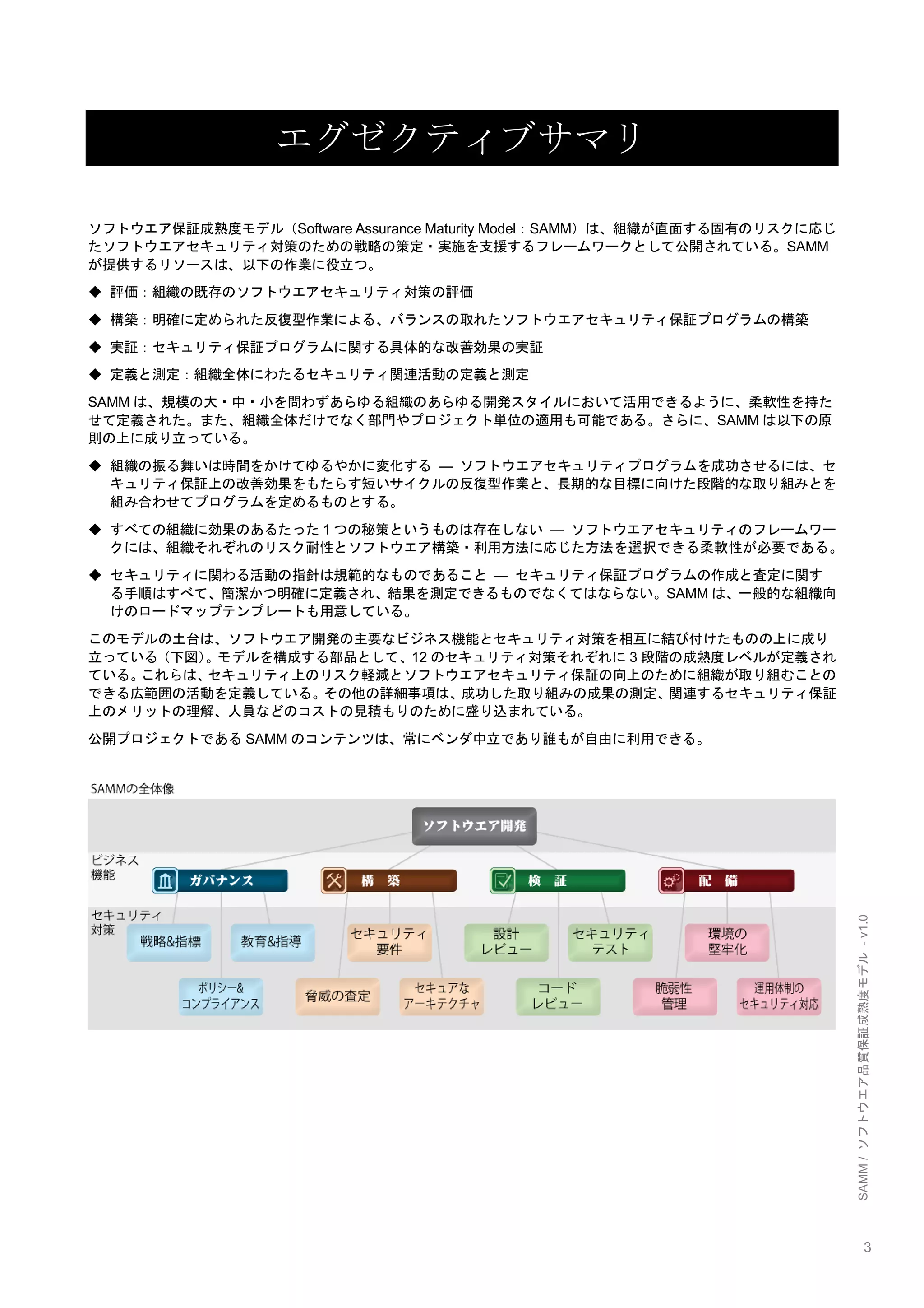3 
SAMM / ソフトウエア品質保証成熟度モデル - v1.0 
エグゼクティブサマリ 
ソフトウエア保証成熟度モデル（Software Assurance Maturity Model：SAMM）は、組織が直面する固有のリスクに応じ たソフトウエアセキュリティ対策のための戦略の策定・実施を支援するフレームワークとして公開されている。SAMM が提供するリソースは、以下の作業に役立つ。 
◆ 評価：組織の既存のソフトウエアセキュリティ対策の評価 
◆ 構築：明確に定められた反復型作業による、バランスの取れたソフトウエアセキュリティ保証プログラムの構築 
◆ 実証：セキュリティ保証プログラムに関する具体的な改善効果の実証 
◆ 定義と測定：組織全体にわたるセキュリティ関連活動の定義と測定 
SAMMは、規模の大・中・小を問わずあらゆる組織のあらゆる開発スタイルにおいて活用できるように、柔軟性を持た せて定義された。また、組織全体だけでなく部門やプロジェクト単位の適用も可能である。さらに、SAMMは以下の原 則の上に成り立っている。 
◆ 組織の振る舞いは時間をかけてゆるやかに変化する ― ソフトウエアセキュリティプログラムを成功させるには、セ キュリティ保証上の改善効果をもたらす短いサイクルの反復型作業と、長期的な目標に向けた段階的な取り組みとを 組み合わせてプログラムを定めるものとする。 
◆ すべての組織に効果のあるたった1つの秘策というものは存在しない ― ソフトウエアセキュリティのフレームワー クには、組織それぞれのリスク耐性とソフトウエア構築・利用方法に応じた方法を選択できる柔軟性が必要である。 
◆ セキュリティに関わる活動の指針は規範的なものであること ― セキュリティ保証プログラムの作成と査定に関す る手順はすべて、簡潔かつ明確に定義され、結果を測定できるものでなくてはならない。SAMMは、一般的な組織向 けのロードマップテンプレートも用意している。 
このモデルの土台は、ソフトウエア開発の主要なビジネス機能とセキュリティ対策を相互に結び付けたものの上に成り 立っている（下図）。モデルを構成する部品として、12のセキュリティ対策それぞれに3段階の成熟度レベルが定義され ている。これらは、セキュリティ上のリスク軽減とソフトウエアセキュリティ保証の向上のために組織が取り組むことの できる広範囲の活動を定義している。その他の詳細事項は、成功した取り組みの成果の測定、関連するセキュリティ保証 上のメリットの理解、人員などのコストの見積もりのために盛り込まれている。 
公開プロジェクトであるSAMMのコンテンツは、常にベンダ中立であり誰もが自由に利用できる。 
 