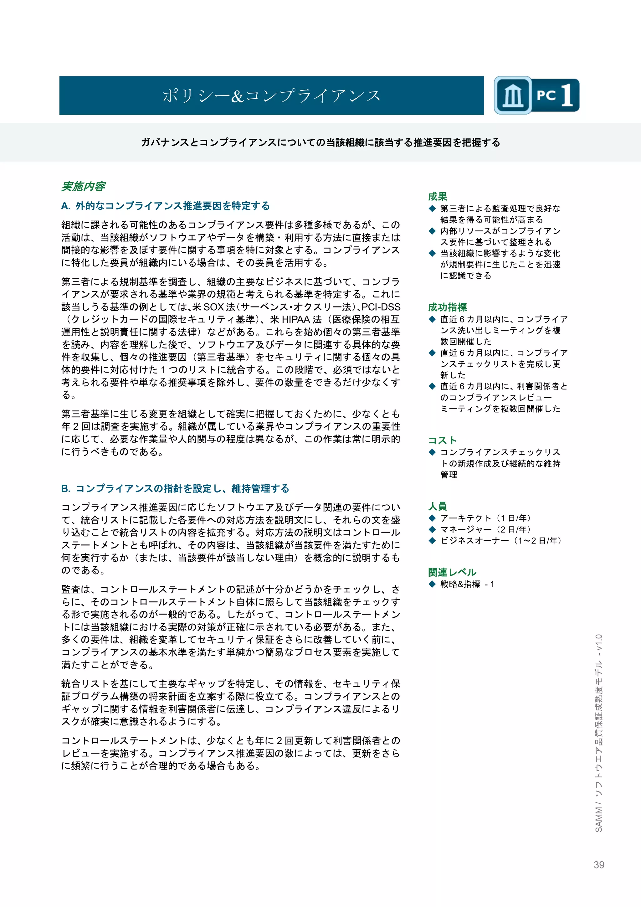 39 
SAMM / ソフトウエア品質保証成熟度モデル - v1.0 
ポリシー&コンプライアンス 
ガバナンスとコンプライアンスについての当該組織に該当する推進要因を把握する 
実施内容 
A. 外的なコンプライアンス推進要因を特定する 
組織に課される可能性のあるコンプライアンス要件は多種多様であるが、この 活動は、当該組織がソフトウエアやデータを構築・利用する方法に直接または 間接的な影響を及ぼす要件に関する事項を特に対象とする。コンプライアンス に特化した要員が組織内にいる場合は、その要員を活用する。 
第三者による規制基準を調査し、組織の主要なビジネスに基づいて、コンプラ イアンスが要求される基準や業界の規範と考えられる基準を特定する。これに 該当しうる基準の例としては、米SOX法（サーベンス・オクスリー法）、PCI-DSS（クレジットカードの国際セキュリティ基準）、米HIPAA法（医療保険の相互 運用性と説明責任に関する法律）などがある。これらを始め個々の第三者基準 を読み、内容を理解した後で、ソフトウエア及びデータに関連する具体的な要 件を収集し、個々の推進要因（第三者基準）をセキュリティに関する個々の具 体的要件に対応付けた1つのリストに統合する。この段階で、必須ではないと 考えられる要件や単なる推奨事項を除外し、要件の数量をできるだけ尐なくす る。 
第三者基準に生じる変更を組織として確実に把握しておくために、尐なくとも 年2回は調査を実施する。組織が属している業界やコンプライアンスの重要性 に応じて、必要な作業量や人的関与の程度は異なるが、この作業は常に明示的 に行うべきものである。 
B. コンプライアンスの指針を設定し、維持管理する 
コンプライアンス推進要因に応じたソフトウエア及びデータ関連の要件につい て、統合リストに記載した各要件への対応方法を説明文にし、それらの文を盛 り込むことで統合リストの内容を拡充する。対応方法の説明文はコントロール ステートメントとも呼ばれ、その内容は、当該組織が当該要件を満たすために 何を実行するか（または、当該要件が該当しない理由）を概念的に説明するも のである。 
監査は、コントロールステートメントの記述が十分かどうかをチェックし、さ らに、そのコントロールステートメント自体に照らして当該組織をチェックす る形で実施されるのが一般的である。したがって、コントロールステートメン トには当該組織における実際の対策が正確に示されている必要がある。また、 多くの要件は、組織を変革してセキュリティ保証をさらに改善していく前に、 コンプライアンスの基本水準を満たす単純かつ簡易なプロセス要素を実施して 満たすことができる。 
統合リストを基にして主要なギャップを特定し、その情報を、セキュリティ保 証プログラム構築の将来計画を立案する際に役立てる。コンプライアンスとの ギャップに関する情報を利害関係者に伝達し、コンプライアンス違反によるリ スクが確実に意識されるようにする。 
コントロールステートメントは、尐なくとも年に2回更新して利害関係者との レビューを実施する。コンプライアンス推進要因の数によっては、更新をさら に頻繁に行うことが合理的である場合もある。 
成果 
◆ 第三者による監査処理で良好な 結果を得る可能性が高まる 
◆ 内部リソースがコンプライアン ス要件に基づいて整理される 
◆ 当該組織に影響するような変化 が規制要件に生じたことを迅速 に認識できる 
成功指標 
◆ 直近6カ月以内に、コンプライア ンス洗い出しミーティングを複 数回開催した 
◆ 直近6カ月以内に、コンプライア ンスチェックリストを完成し更 新した 
◆ 直近6カ月以内に、利害関係者と のコンプライアンスレビュー ミーティングを複数回開催した 
コスト 
◆ コンプライアンスチェックリス トの新規作成及び継続的な維持 管理 
人員 
◆ アーキテクト（1日/年） 
◆ マネージャー（2日/年） 
◆ ビジネスオーナー（1～2日/年） 
関連レベル 
◆ 戦略&指標 - 1 
 
