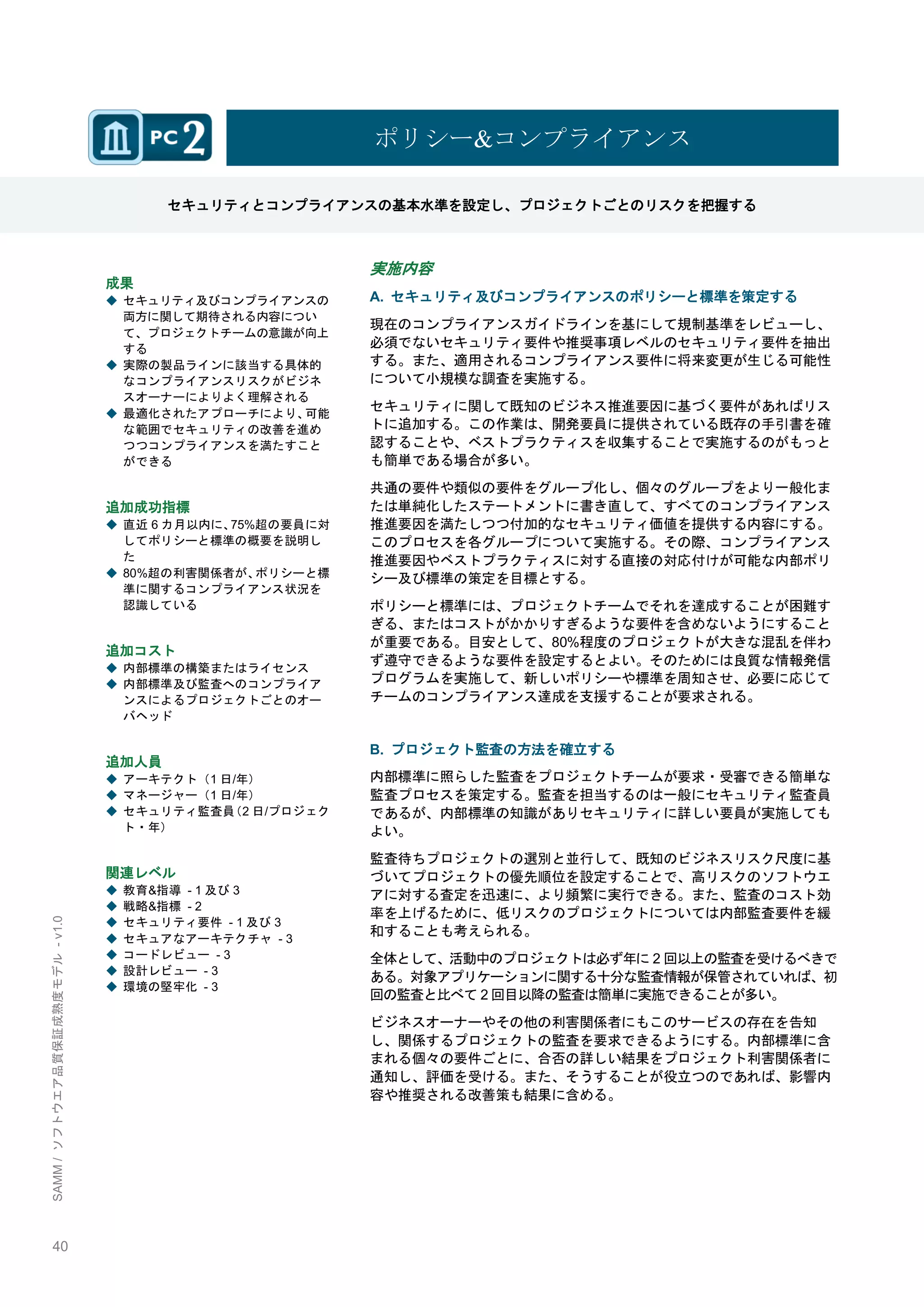40 
SAMM / ソフトウエア品質保証成熟度モデル - v1.0 
ポリシー&コンプライアンス 
セキュリティとコンプライアンスの基本水準を設定し、プロジェクトごとのリスクを把握する 
成果 
◆ セキュリティ及びコンプライアンスの 両方に関して期待される内容につい て、プロジェクトチームの意識が向上 する 
◆ 実際の製品ラインに該当する具体的 なコンプライアンスリスクがビジネ スオーナーによりよく理解される 
◆ 最適化されたアプローチにより、可能 な範囲でセキュリティの改善を進め つつコンプライアンスを満たすこと ができる 
追加成功指標 
◆ 直近6カ月以内に、75%超の要員に対 してポリシーと標準の概要を説明し た 
◆ 80%超の利害関係者が、ポリシーと標 準に関するコンプライアンス状況を 認識している 
追加コスト 
◆ 内部標準の構築またはライセンス 
◆ 内部標準及び監査へのコンプライア ンスによるプロジェクトごとのオー バヘッド 
追加人員 
◆ アーキテクト（1日/年） 
◆ マネージャー（1日/年） 
◆ セキュリティ監査員（2日/プロジェク ト・年） 
関連レベル 
◆ 教育&指導 - 1及び3 
◆ 戦略&指標 - 2 
◆ セキュリティ要件 - 1及び3 
◆ セキュアなアーキテクチャ - 3 
◆ コードレビュー - 3 
◆ 設計レビュー - 3 
◆ 環境の堅牢化 - 3 
実施内容 
A. セキュリティ及びコンプライアンスのポリシーと標準を策定する 
現在のコンプライアンスガイドラインを基にして規制基準をレビューし、 必須でないセキュリティ要件や推奨事項レベルのセキュリティ要件を抽出 する。また、適用されるコンプライアンス要件に将来変更が生じる可能性 について小規模な調査を実施する。 
セキュリティに関して既知のビジネス推進要因に基づく要件があればリス トに追加する。この作業は、開発要員に提供されている既存の手引書を確 認することや、ベストプラクティスを収集することで実施するのがもっと も簡単である場合が多い。 
共通の要件や類似の要件をグループ化し、個々のグループをより一般化ま たは単純化したステートメントに書き直して、すべてのコンプライアンス 推進要因を満たしつつ付加的なセキュリティ価値を提供する内容にする。 このプロセスを各グループについて実施する。その際、コンプライアンス 推進要因やベストプラクティスに対する直接の対応付けが可能な内部ポリ シー及び標準の策定を目標とする。 
ポリシーと標準には、プロジェクトチームでそれを達成することが困難す ぎる、またはコストがかかりすぎるような要件を含めないようにすること が重要である。目安として、80%程度のプロジェクトが大きな混乱を伴わ ず遵守できるような要件を設定するとよい。そのためには良質な情報発信 プログラムを実施して、新しいポリシーや標準を周知させ、必要に応じて チームのコンプライアンス達成を支援することが要求される。 
B. プロジェクト監査の方法を確立する 
内部標準に照らした監査をプロジェクトチームが要求・受審できる簡単な 監査プロセスを策定する。監査を担当するのは一般にセキュリティ監査員 であるが、内部標準の知識がありセキュリティに詳しい要員が実施しても よい。 
監査待ちプロジェクトの選別と並行して、既知のビジネスリスク尺度に基 づいてプロジェクトの優先順位を設定することで、高リスクのソフトウエ アに対する査定を迅速に、より頻繁に実行できる。また、監査のコスト効 率を上げるために、低リスクのプロジェクトについては内部監査要件を緩 和することも考えられる。 
全体として、活動中のプロジェクトは必ず年に2回以上の監査を受けるべきで ある。対象アプリケーションに関する十分な監査情報が保管されていれば、初 回の監査と比べて2回目以降の監査は簡単に実施できることが多い。 
ビジネスオーナーやその他の利害関係者にもこのサービスの存在を告知 し、関係するプロジェクトの監査を要求できるようにする。内部標準に含 まれる個々の要件ごとに、合否の詳しい結果をプロジェクト利害関係者に 通知し、評価を受ける。また、そうすることが役立つのであれば、影響内 容や推奨される改善策も結果に含める。 
 