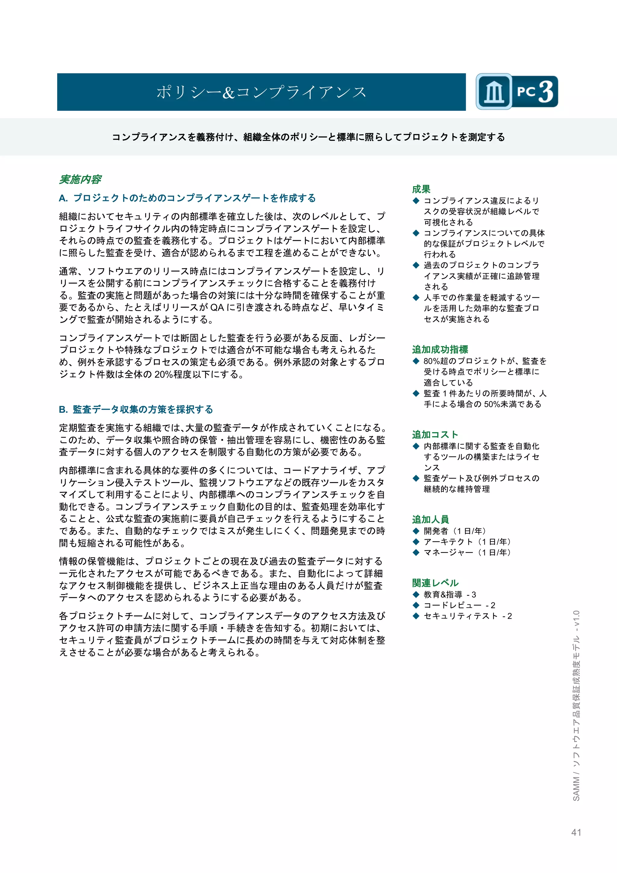 41 
SAMM / ソフトウエア品質保証成熟度モデル - v1.0 
ポリシー&コンプライアンス 
コンプライアンスを義務付け、組織全体のポリシーと標準に照らしてプロジェクトを測定する 
実施内容 
A. プロジェクトのためのコンプライアンスゲートを作成する 
組織においてセキュリティの内部標準を確立した後は、次のレベルとして、プ ロジェクトライフサイクル内の特定時点にコンプライアンスゲートを設定し、 それらの時点での監査を義務化する。プロジェクトはゲートにおいて内部標準 に照らした監査を受け、適合が認められるまで工程を進めることができない。 
通常、ソフトウエアのリリース時点にはコンプライアンスゲートを設定し、リ リースを公開する前にコンプライアンスチェックに合格することを義務付け る。監査の実施と問題があった場合の対策には十分な時間を確保することが重 要であるから、たとえばリリースがQAに引き渡される時点など、早いタイミ ングで監査が開始されるようにする。 
コンプライアンスゲートでは断固とした監査を行う必要がある反面、レガシー プロジェクトや特殊なプロジェクトでは適合が不可能な場合も考えられるた め、例外を承認するプロセスの策定も必須である。例外承認の対象とするプロ ジェクト件数は全体の20%程度以下にする。 
B. 監査データ収集の方策を採択する 
定期監査を実施する組織では、大量の監査データが作成されていくことになる。 このため、データ収集や照合時の保管・抽出管理を容易にし、機密性のある監 査データに対する個人のアクセスを制限する自動化の方策が必要である。 
内部標準に含まれる具体的な要件の多くについては、コードアナライザ、アプ リケーション侵入テストツール、監視ソフトウエアなどの既存ツールをカスタ マイズして利用することにより、内部標準へのコンプライアンスチェックを自 動化できる。コンプライアンスチェック自動化の目的は、監査処理を効率化す ることと、公式な監査の実施前に要員が自己チェックを行えるようにすること である。また、自動的なチェックではミスが発生しにくく、問題発見までの時 間も短縮される可能性がある。 
情報の保管機能は、プロジェクトごとの現在及び過去の監査データに対する 一元化されたアクセスが可能であるべきである。また、自動化によって詳細 なアクセス制御機能を提供し、ビジネス上正当な理由のある人員だけが監査 データへのアクセスを認められるようにする必要がある。 
各プロジェクトチームに対して、コンプライアンスデータのアクセス方法及び アクセス許可の申請方法に関する手順・手続きを告知する。初期においては、 セキュリティ監査員がプロジェクトチームに長めの時間を与えて対応体制を整 えさせることが必要な場合があると考えられる。 
成果 
◆ コンプライアンス違反によるリ スクの受容状況が組織レベルで 可視化される 
◆ コンプライアンスについての具体 的な保証がプロジェクトレベルで 行われる 
◆ 過去のプロジェクトのコンプラ イアンス実績が正確に追跡管理 される 
◆ 人手での作業量を軽減するツー ルを活用した効率的な監査プロ セスが実施される 
追加成功指標 
◆ 80%超のプロジェクトが、監査を 受ける時点でポリシーと標準に 適合している 
◆ 監査1件あたりの所要時間が、人 手による場合の50%未満である 
追加コスト 
◆ 内部標準に関する監査を自動化 するツールの構築またはライセ ンス 
◆ 監査ゲート及び例外プロセスの 継続的な維持管理 
追加人員 
◆ 開発者（1日/年） 
◆ アーキテクト（1日/年） 
◆ マネージャー（1日/年） 
関連レベル 
◆ 教育&指導 - 3 
◆ コードレビュー - 2 
◆ セキュリティテスト - 2 
 