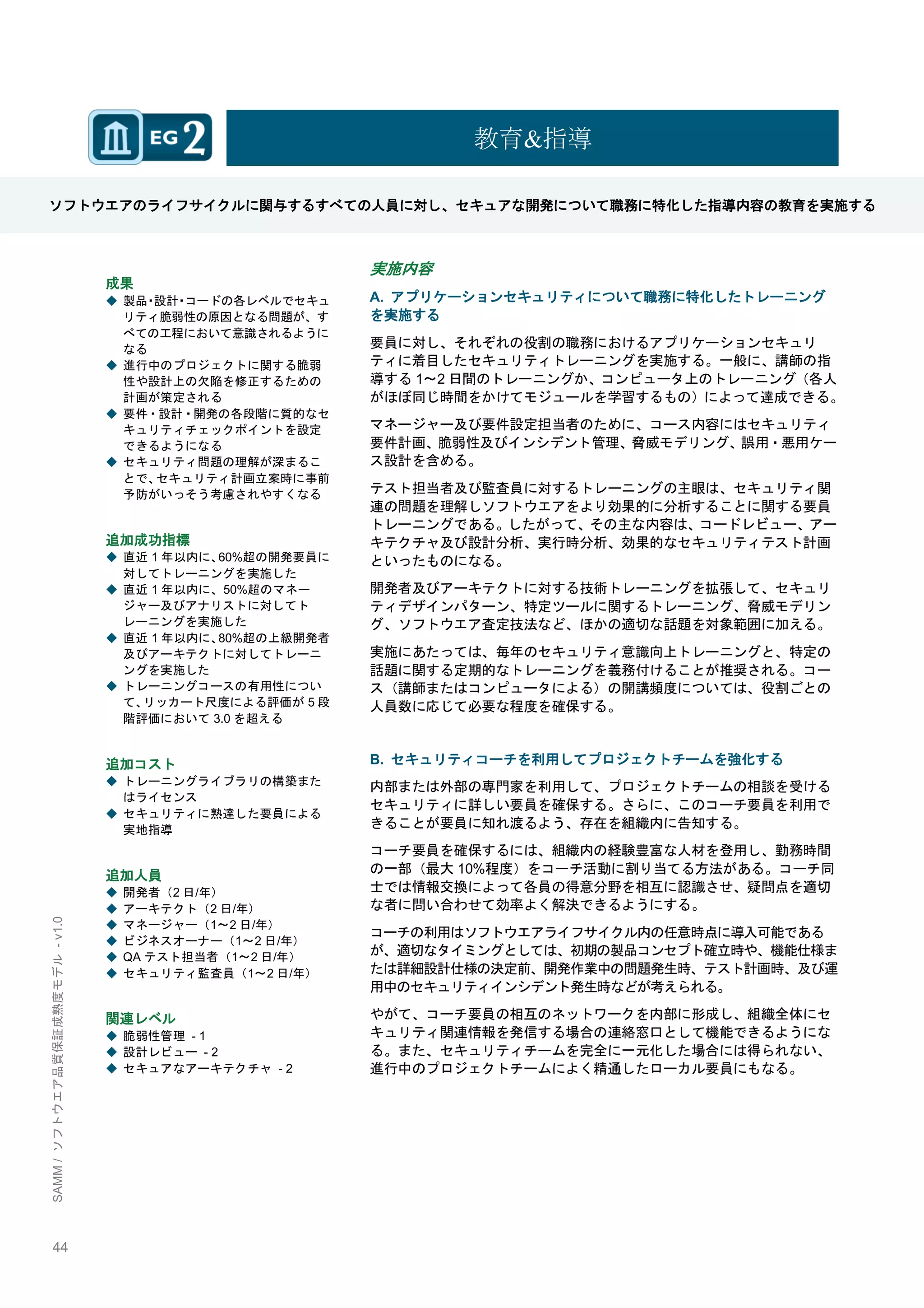 44 
SAMM / ソフトウエア品質保証成熟度モデル - v1.0 
教育&指導 
ソフトウエアのライフサイクルに関与するすべての人員に対し、セキュアな開発について職務に特化した指導内容の教育を実施する 
成果 
◆ 製品・設計・コードの各レベルでセキュ リティ脆弱性の原因となる問題が、す べての工程において意識されるように なる 
◆ 進行中のプロジェクトに関する脆弱 性や設計上の欠陥を修正するための 計画が策定される 
◆ 要件・設計・開発の各段階に質的なセ キュリティチェックポイントを設定 できるようになる 
◆ セキュリティ問題の理解が深まるこ とで、セキュリティ計画立案時に事前 予防がいっそう考慮されやすくなる 
追加成功指標 
◆ 直近1年以内に、60%超の開発要員に 対してトレーニングを実施した 
◆ 直近1年以内に、50%超のマネー ジャー及びアナリストに対してト レーニングを実施した 
◆ 直近1年以内に、80%超の上級開発者 及びアーキテクトに対してトレーニ ングを実施した 
◆ トレーニングコースの有用性につい て、リッカート尺度による評価が5段 階評価において3.0を超える 
追加コスト 
◆ トレーニングライブラリの構築また はライセンス 
◆ セキュリティに熟達した要員による 実地指導 
追加人員 
◆ 開発者（2日/年） 
◆ アーキテクト（2日/年） 
◆ マネージャー（1～2日/年） 
◆ ビジネスオーナー（1～2日/年） 
◆ QAテスト担当者（1～2日/年） 
◆ セキュリティ監査員（1～2日/年） 
関連レベル 
◆ 脆弱性管理 - 1 
◆ 設計レビュー - 2 
◆ セキュアなアーキテクチャ - 2 
実施内容 
A. アプリケーションセキュリティについて職務に特化したトレーニング を実施する 
要員に対し、それぞれの役割の職務におけるアプリケーションセキュリ ティに着目したセキュリティトレーニングを実施する。一般に、講師の指 導する1～2日間のトレーニングか、コンピュータ上のトレーニング（各人 がほぼ同じ時間をかけてモジュールを学習するもの）によって達成できる。 
マネージャー及び要件設定担当者のために、コース内容にはセキュリティ 要件計画、脆弱性及びインシデント管理、脅威モデリング、誤用・悪用ケー ス設計を含める。 
テスト担当者及び監査員に対するトレーニングの主眼は、セキュリティ関 連の問題を理解しソフトウエアをより効果的に分析することに関する要員 トレーニングである。したがって、その主な内容は、コードレビュー、アー キテクチャ及び設計分析、実行時分析、効果的なセキュリティテスト計画 といったものになる。 
開発者及びアーキテクトに対する技術トレーニングを拡張して、セキュリ ティデザインパターン、特定ツールに関するトレーニング、脅威モデリン グ、ソフトウエア査定技法など、ほかの適切な話題を対象範囲に加える。 
実施にあたっては、毎年のセキュリティ意識向上トレーニングと、特定の 話題に関する定期的なトレーニングを義務付けることが推奨される。コー ス（講師またはコンピュータによる）の開講頻度については、役割ごとの 人員数に応じて必要な程度を確保する。 
B. セキュリティコーチを利用してプロジェクトチームを強化する 
内部または外部の専門家を利用して、プロジェクトチームの相談を受ける セキュリティに詳しい要員を確保する。さらに、このコーチ要員を利用で きることが要員に知れ渡るよう、存在を組織内に告知する。 
コーチ要員を確保するには、組織内の経験豊富な人材を登用し、勤務時間 の一部（最大10%程度）をコーチ活動に割り当てる方法がある。コーチ同 士では情報交換によって各員の得意分野を相互に認識させ、疑問点を適切 な者に問い合わせて効率よく解決できるようにする。 
コーチの利用はソフトウエアライフサイクル内の任意時点に導入可能である が、適切なタイミングとしては、初期の製品コンセプト確立時や、機能仕様ま たは詳細設計仕様の決定前、開発作業中の問題発生時、テスト計画時、及び運 用中のセキュリティインシデント発生時などが考えられる。 
やがて、コーチ要員の相互のネットワークを内部に形成し、組織全体にセ キュリティ関連情報を発信する場合の連絡窓口として機能できるようにな る。また、セキュリティチームを完全に一元化した場合には得られない、 進行中のプロジェクトチームによく精通したローカル要員にもなる。 
 