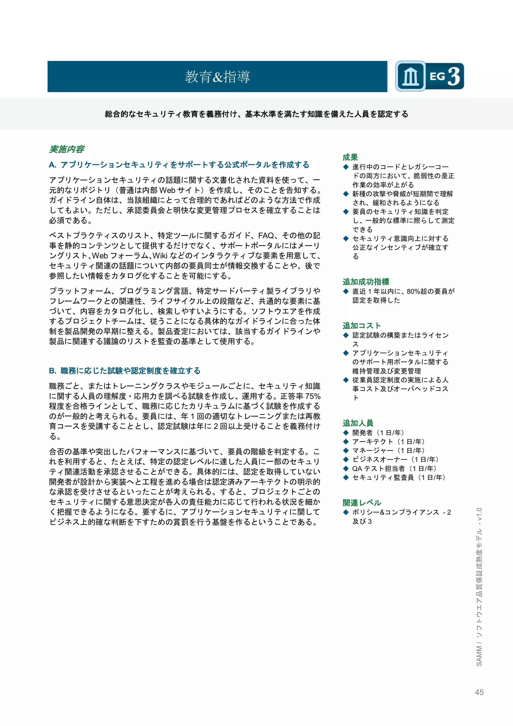 45 
SAMM / ソフトウエア品質保証成熟度モデル - v1.0 
教育&指導 
総合的なセキュリティ教育を義務付け、基本水準を満たす知識を備えた人員を認定する 
実施内容 
A. アプリケーションセキュリティをサポートする公式ポータルを作成する 
アプリケーションセキュリティの話題に関する文書化された資料を使って、一 元的なリポジトリ（普通は内部Webサイト）を作成し、そのことを告知する。 ガイドライン自体は、当該組織にとって合理的であればどのような方法で作成 してもよい。ただし、承認委員会と明快な変更管理プロセスを確立することは 必須である。 
ベストプラクティスのリスト、特定ツールに関するガイド、FAQ、その他の記 事を静的コンテンツとして提供するだけでなく、サポートポータルにはメーリ ングリスト、Webフォーラム、Wikiなどのインタラクティブな要素を用意して、 セキュリティ関連の話題について内部の要員同士が情報交換することや、後で 参照したい情報をカタログ化することを可能にする。 
プラットフォーム、プログラミング言語、特定サードパーティ製ライブラリや フレームワークとの関連性、ライフサイクル上の段階など、共通的な要素に基 づいて、内容をカタログ化し、検索しやすいようにする。ソフトウエアを作成 するプロジェクトチームは、従うことになる具体的なガイドラインに合った体 制を製品開発の早期に整える。製品査定においては、該当するガイドラインや 製品に関連する議論のリストを監査の基準として使用する。 
B. 職務に応じた試験や認定制度を確立する 
職務ごと、またはトレーニングクラスやモジュールごとに、セキュリティ知識 に関する人員の理解度・応用力を調べる試験を作成し、運用する。正答率75% 程度を合格ラインとして、職務に応じたカリキュラムに基づく試験を作成する のが一般的と考えられる。要員には、年1回の適切なトレーニングまたは再教 育コースを受講することとし、認定試験は年に2回以上受けることを義務付け る。 
合否の基準や突出したパフォーマンスに基づいて、要員の階級を判定する。こ れを利用すると、たとえば、特定の認定レベルに達した人員に一部のセキュリ ティ関連活動を承認させることができる。具体的には、認定を取得していない 開発者が設計から実装へと工程を進める場合は認定済みアーキテクトの明示的 な承認を受けさせるといったことが考えられる。すると、プロジェクトごとの セキュリティに関する意思決定が各人の責任能力に応じて行われる状況を細か く把握できるようになる。要するに、アプリケーションセキュリティに関して ビジネス上的確な判断を下すための賞罰を行う基盤を作るということである。 
成果 
◆ 進行中のコードとレガシーコー ドの両方において、脆弱性の是正 作業の効率が上がる 
◆ 新種の攻撃や脅威が短期間で理解 され、緩和されるようになる 
◆ 要員のセキュリティ知識を判定 し、一般的な標準に照らして測定 できる 
◆ セキュリティ意識向上に対する 公正なインセンティブが確立す る 
追加成功指標 
◆ 直近1年以内に、80%超の要員が 認定を取得した 
追加コスト 
◆ 認定試験の構築またはライセン ス 
◆ アプリケーションセキュリティ のサポート用ポータルに関する 維持管理及び変更管理 
◆ 従業員認定制度の実施による人 事コスト及びオーバヘッドコス ト 
追加人員 
◆ 開発者（1日/年） 
◆ アーキテクト（1日/年） 
◆ マネージャー（1日/年） 
◆ ビジネスオーナー（1日/年） 
◆ QAテスト担当者（1日/年） 
◆ セキュリティ監査員（1日/年） 
関連レベル 
◆ ポリシー&コンプライアンス - 2 及び3 
 