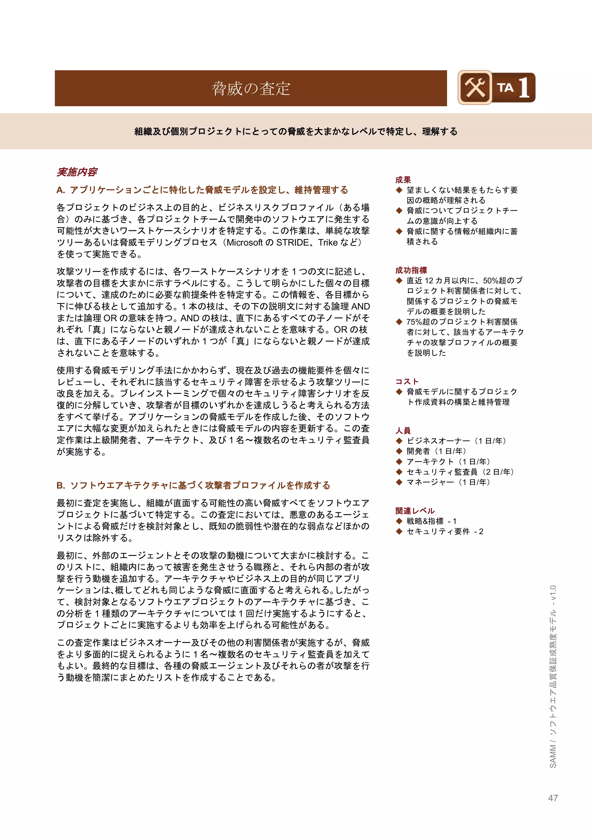 47 
SAMM / ソフトウエア品質保証成熟度モデル - v1.0 
脅威の査定 
組織及び個別プロジェクトにとっての脅威を大まかなレベルで特定し、理解する 
実施内容 
A. アプリケーションごとに特化した脅威モデルを設定し、維持管理する 
各プロジェクトのビジネス上の目的と、ビジネスリスクプロファイル（ある場 合）のみに基づき、各プロジェクトチームで開発中のソフトウエアに発生する 可能性が大きいワーストケースシナリオを特定する。この作業は、単純な攻撃 ツリーあるいは脅威モデリングプロセス（MicrosoftのSTRIDE、Trikeなど） を使って実施できる。 
攻撃ツリーを作成するには、各ワーストケースシナリオを1つの文に記述し、 攻撃者の目標を大まかに示すラベルにする。こうして明らかにした個々の目標 について、達成のために必要な前提条件を特定する。この情報を、各目標から 下に伸びる枝として追加する。1本の枝は、その下の説明文に対する論理AND または論理ORの意味を持つ。ANDの枝は、直下にあるすべての子ノードがそ れぞれ「真」にならないと親ノードが達成されないことを意味する。ORの枝 は、直下にある子ノードのいずれか1つが「真」にならないと親ノードが達成 されないことを意味する。 
使用する脅威モデリング手法にかかわらず、現在及び過去の機能要件を個々に レビューし、それぞれに該当するセキュリティ障害を示せるよう攻撃ツリーに 改良を加える。ブレインストーミングで個々のセキュリティ障害シナリオを反 復的に分解していき、攻撃者が目標のいずれかを達成しうると考えられる方法 をすべて挙げる。アプリケーションの脅威モデルを作成した後、そのソフトウ エアに大幅な変更が加えられたときには脅威モデルの内容を更新する。この査 定作業は上級開発者、アーキテクト、及び1名～複数名のセキュリティ監査員 が実施する。 
B. ソフトウエアキテクチャに基づく攻撃者プロファイルを作成する 
最初に査定を実施し、組織が直面する可能性の高い脅威すべてをソフトウエア プロジェクトに基づいて特定する。この査定においては、悪意のあるエージェ ントによる脅威だけを検討対象とし、既知の脆弱性や潜在的な弱点などほかの リスクは除外する。 
最初に、外部のエージェントとその攻撃の動機について大まかに検討する。こ のリストに、組織内にあって被害を発生させうる職務と、それら内部の者が攻 撃を行う動機を追加する。アーキテクチャやビジネス上の目的が同じアプリ ケーションは、概してどれも同じような脅威に直面すると考えられる。したがっ て、検討対象となるソフトウエアプロジェクトのアーキテクチャに基づき、こ の分析を1種類のアーキテクチャについては1回だけ実施するようにすると、 プロジェクトごとに実施するよりも効率を上げられる可能性がある。 
この査定作業はビジネスオーナー及びその他の利害関係者が実施するが、脅威 をより多面的に捉えられるように1名～複数名のセキュリティ監査員を加えて もよい。最終的な目標は、各種の脅威エージェント及びそれらの者が攻撃を行 う動機を簡潔にまとめたリストを作成することである。 
成果 
◆ 望ましくない結果をもたらす要 因の概略が理解される 
◆ 脅威についてプロジェクトチー ムの意識が向上する 
◆ 脅威に関する情報が組織内に蓄 積される 
成功指標 
◆ 直近12カ月以内に、50%超のプ ロジェクト利害関係者に対して、 関係するプロジェクトの脅威モ デルの概要を説明した 
◆ 75%超のプロジェクト利害関係 者に対して、該当するアーキテク チャの攻撃プロファイルの概要 を説明した 
コスト 
◆ 脅威モデルに関するプロジェク ト作成資料の構築と維持管理 
人員 
◆ ビジネスオーナー（1日/年） 
◆ 開発者（1日/年） 
◆ アーキテクト（1日/年） 
◆ セキュリティ監査員（2日/年） 
◆ マネージャー（1日/年） 
関連レベル 
◆ 戦略&指標 - 1 
◆ セキュリティ要件 - 2 
 