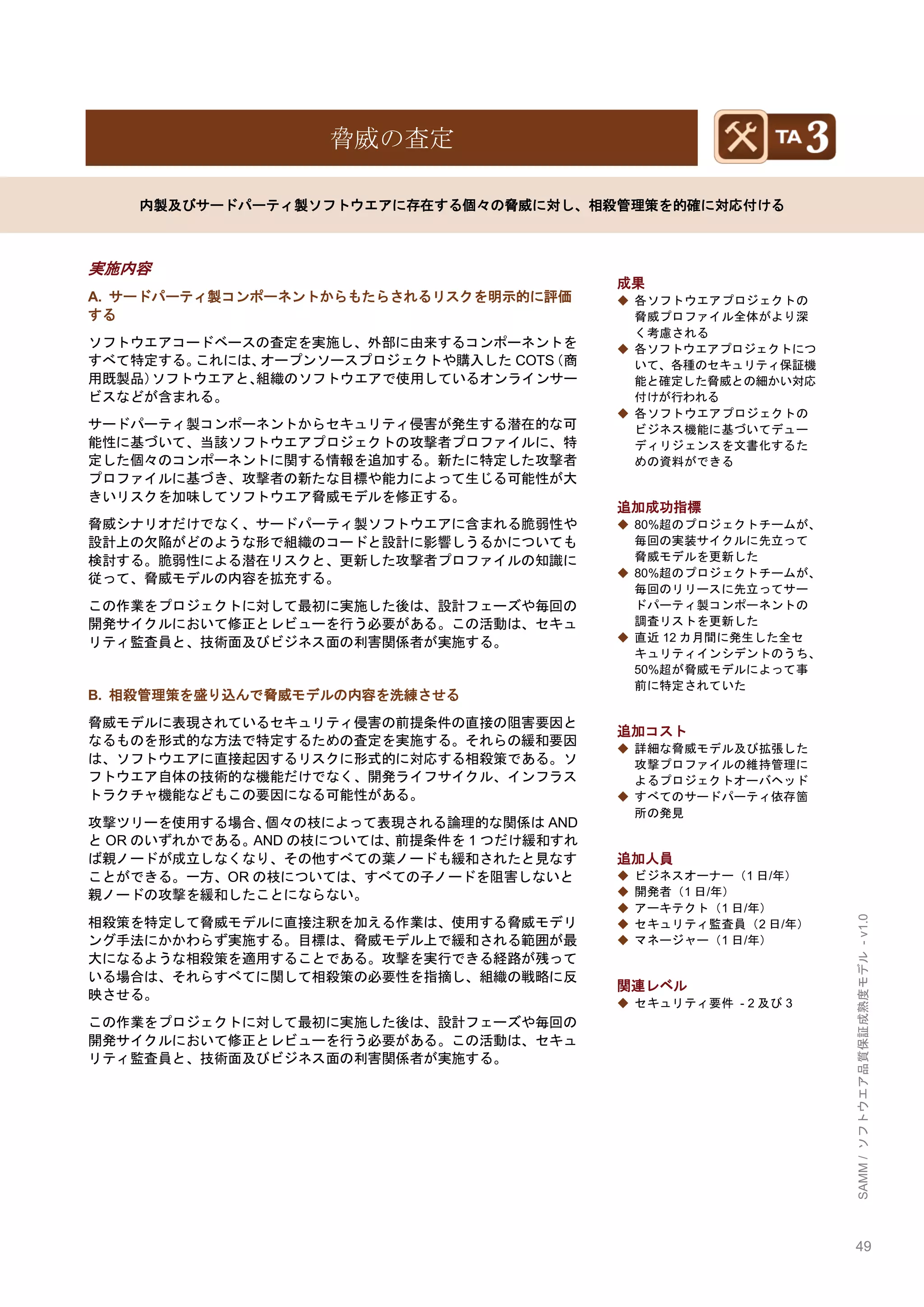 49 
SAMM / ソフトウエア品質保証成熟度モデル - v1.0 
脅威の査定 
内製及びサードパーティ製ソフトウエアに存在する個々の脅威に対し、相殺管理策を的確に対応付ける 
実施内容 
A. サードパーティ製コンポーネントからもたらされるリスクを明示的に評価 する 
ソフトウエアコードベースの査定を実施し、外部に由来するコンポーネントを すべて特定する。これには、オープンソースプロジェクトや購入したCOTS（商 用既製品）ソフトウエアと、組織のソフトウエアで使用しているオンラインサー ビスなどが含まれる。 
サードパーティ製コンポーネントからセキュリティ侵害が発生する潜在的な可 能性に基づいて、当該ソフトウエアプロジェクトの攻撃者プロファイルに、特 定した個々のコンポーネントに関する情報を追加する。新たに特定した攻撃者 プロファイルに基づき、攻撃者の新たな目標や能力によって生じる可能性が大 きいリスクを加味してソフトウエア脅威モデルを修正する。 
脅威シナリオだけでなく、サードパーティ製ソフトウエアに含まれる脆弱性や 設計上の欠陥がどのような形で組織のコードと設計に影響しうるかについても 検討する。脆弱性による潜在リスクと、更新した攻撃者プロファイルの知識に 従って、脅威モデルの内容を拡充する。 
この作業をプロジェクトに対して最初に実施した後は、設計フェーズや毎回の 開発サイクルにおいて修正とレビューを行う必要がある。この活動は、セキュ リティ監査員と、技術面及びビジネス面の利害関係者が実施する。 
B. 相殺管理策を盛り込んで脅威モデルの内容を洗練させる 
脅威モデルに表現されているセキュリティ侵害の前提条件の直接の阻害要因と なるものを形式的な方法で特定するための査定を実施する。それらの緩和要因 は、ソフトウエアに直接起因するリスクに形式的に対応する相殺策である。ソ フトウエア自体の技術的な機能だけでなく、開発ライフサイクル、インフラス トラクチャ機能などもこの要因になる可能性がある。 
攻撃ツリーを使用する場合、個々の枝によって表現される論理的な関係はAND とORのいずれかである。ANDの枝については、前提条件を1つだけ緩和すれ ば親ノードが成立しなくなり、その他すべての葉ノードも緩和されたと見なす ことができる。一方、ORの枝については、すべての子ノードを阻害しないと 親ノードの攻撃を緩和したことにならない。 
相殺策を特定して脅威モデルに直接注釈を加える作業は、使用する脅威モデリ ング手法にかかわらず実施する。目標は、脅威モデル上で緩和される範囲が最 大になるような相殺策を適用することである。攻撃を実行できる経路が残って いる場合は、それらすべてに関して相殺策の必要性を指摘し、組織の戦略に反 映させる。 
この作業をプロジェクトに対して最初に実施した後は、設計フェーズや毎回の 開発サイクルにおいて修正とレビューを行う必要がある。この活動は、セキュ リティ監査員と、技術面及びビジネス面の利害関係者が実施する。 
成果 
◆ 各ソフトウエアプロジェクトの 脅威プロファイル全体がより深 く考慮される 
◆ 各ソフトウエアプロジェクトにつ いて、各種のセキュリティ保証機 能と確定した脅威との細かい対応 付けが行われる 
◆ 各ソフトウエアプロジェクトの ビジネス機能に基づいてデュー ディリジェンスを文書化するた めの資料ができる 
追加成功指標 
◆ 80%超のプロジェクトチームが、 毎回の実装サイクルに先立って 脅威モデルを更新した 
◆ 80%超のプロジェクトチームが、 毎回のリリースに先立ってサー ドパーティ製コンポーネントの 調査リストを更新した 
◆ 直近12カ月間に発生した全セ キュリティインシデントのうち、 50%超が脅威モデルによって事 前に特定されていた 
追加コスト 
◆ 詳細な脅威モデル及び拡張した 攻撃プロファイルの維持管理に よるプロジェクトオーバヘッド 
◆ すべてのサードパーティ依存箇 所の発見 
追加人員 
◆ ビジネスオーナー（1日/年） 
◆ 開発者（1日/年） 
◆ アーキテクト（1日/年） 
◆ セキュリティ監査員（2日/年） 
◆ マネージャー（1日/年） 
関連レベル 
◆ セキュリティ要件 - 2及び3 
 