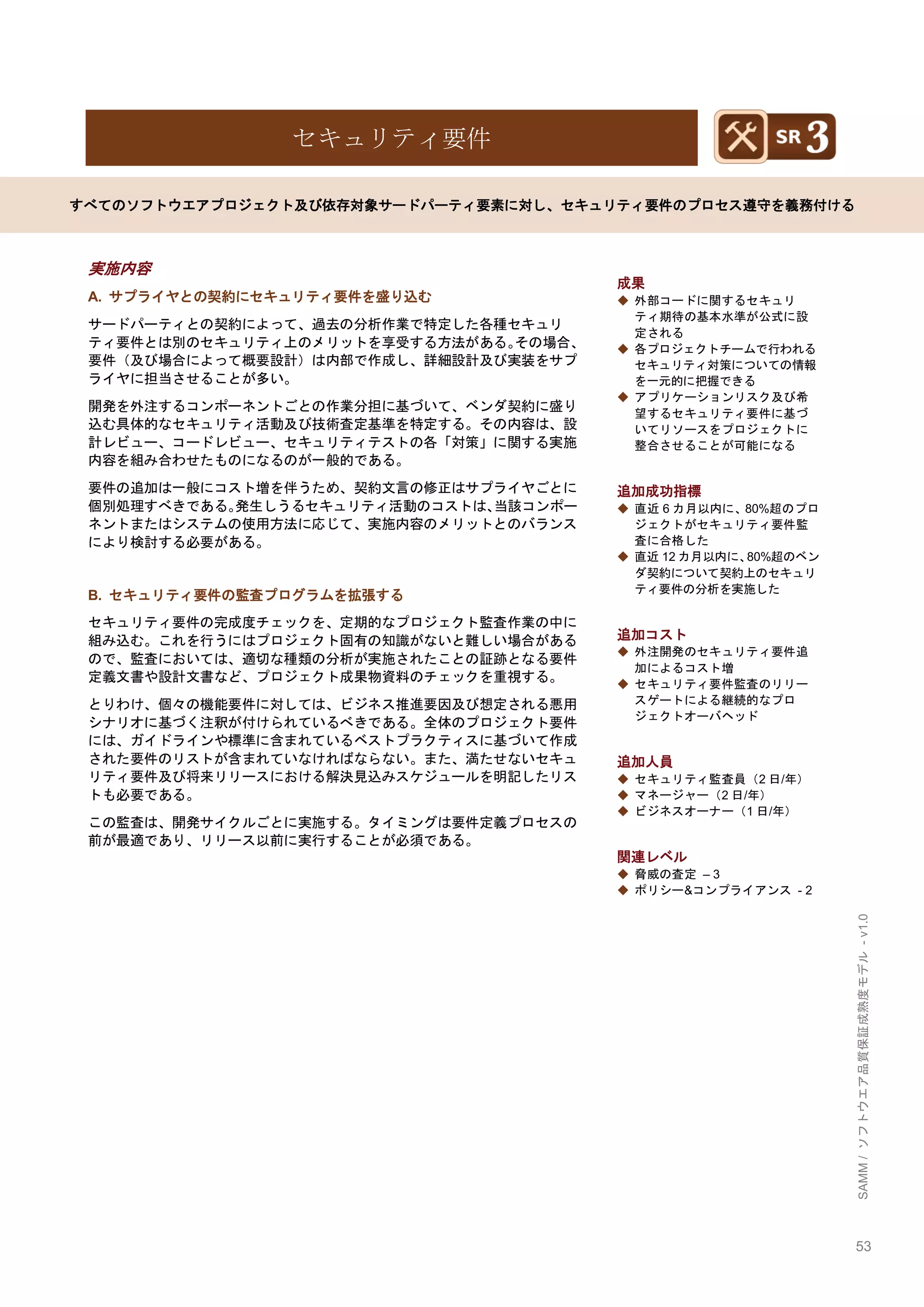 53 
SAMM / ソフトウエア品質保証成熟度モデル - v1.0 
セキュリティ要件 
すべてのソフトウエアプロジェクト及び依存対象サードパーティ要素に対し、セキュリティ要件のプロセス遵守を義務付ける 
実施内容 
A. サプライヤとの契約にセキュリティ要件を盛り込む 
サードパーティとの契約によって、過去の分析作業で特定した各種セキュリ ティ要件とは別のセキュリティ上のメリットを享受する方法がある。その場合、 要件（及び場合によって概要設計）は内部で作成し、詳細設計及び実装をサプ ライヤに担当させることが多い。 
開発を外注するコンポーネントごとの作業分担に基づいて、ベンダ契約に盛り 込む具体的なセキュリティ活動及び技術査定基準を特定する。その内容は、設 計レビュー、コードレビュー、セキュリティテストの各「対策」に関する実施 内容を組み合わせたものになるのが一般的である。 
要件の追加は一般にコスト増を伴うため、契約文言の修正はサプライヤごとに 個別処理すべきである。発生しうるセキュリティ活動のコストは、当該コンポー ネントまたはシステムの使用方法に応じて、実施内容のメリットとのバランス により検討する必要がある。 
B. セキュリティ要件の監査プログラムを拡張する 
セキュリティ要件の完成度チェックを、定期的なプロジェクト監査作業の中に 組み込む。これを行うにはプロジェクト固有の知識がないと難しい場合がある ので、監査においては、適切な種類の分析が実施されたことの証跡となる要件 定義文書や設計文書など、プロジェクト成果物資料のチェックを重視する。 
とりわけ、個々の機能要件に対しては、ビジネス推進要因及び想定される悪用 シナリオに基づく注釈が付けられているべきである。全体のプロジェクト要件 には、ガイドラインや標準に含まれているベストプラクティスに基づいて作成 された要件のリストが含まれていなければならない。また、満たせないセキュ リティ要件及び将来リリースにおける解決見込みスケジュールを明記したリス トも必要である。 
この監査は、開発サイクルごとに実施する。タイミングは要件定義プロセスの 前が最適であり、リリース以前に実行することが必須である。 
成果 
◆ 外部コードに関するセキュリ ティ期待の基本水準が公式に設 定される 
◆ 各プロジェクトチームで行われる セキュリティ対策についての情報 を一元的に把握できる 
◆ アプリケーションリスク及び希 望するセキュリティ要件に基づ いてリソースをプロジェクトに 整合させることが可能になる 
追加成功指標 
◆ 直近6カ月以内に、80%超のプロ ジェクトがセキュリティ要件監 査に合格した 
◆ 直近12カ月以内に、80%超のベン ダ契約について契約上のセキュリ ティ要件の分析を実施した 
追加コスト 
◆ 外注開発のセキュリティ要件追 加によるコスト増 
◆ セキュリティ要件監査のリリー スゲートによる継続的なプロ ジェクトオーバヘッド 
追加人員 
◆ セキュリティ監査員（2日/年） 
◆ マネージャー（2日/年） 
◆ ビジネスオーナー（1日/年） 
関連レベル 
◆ 脅威の査定 – 3 
◆ ポリシー&コンプライアンス - 2 
 
