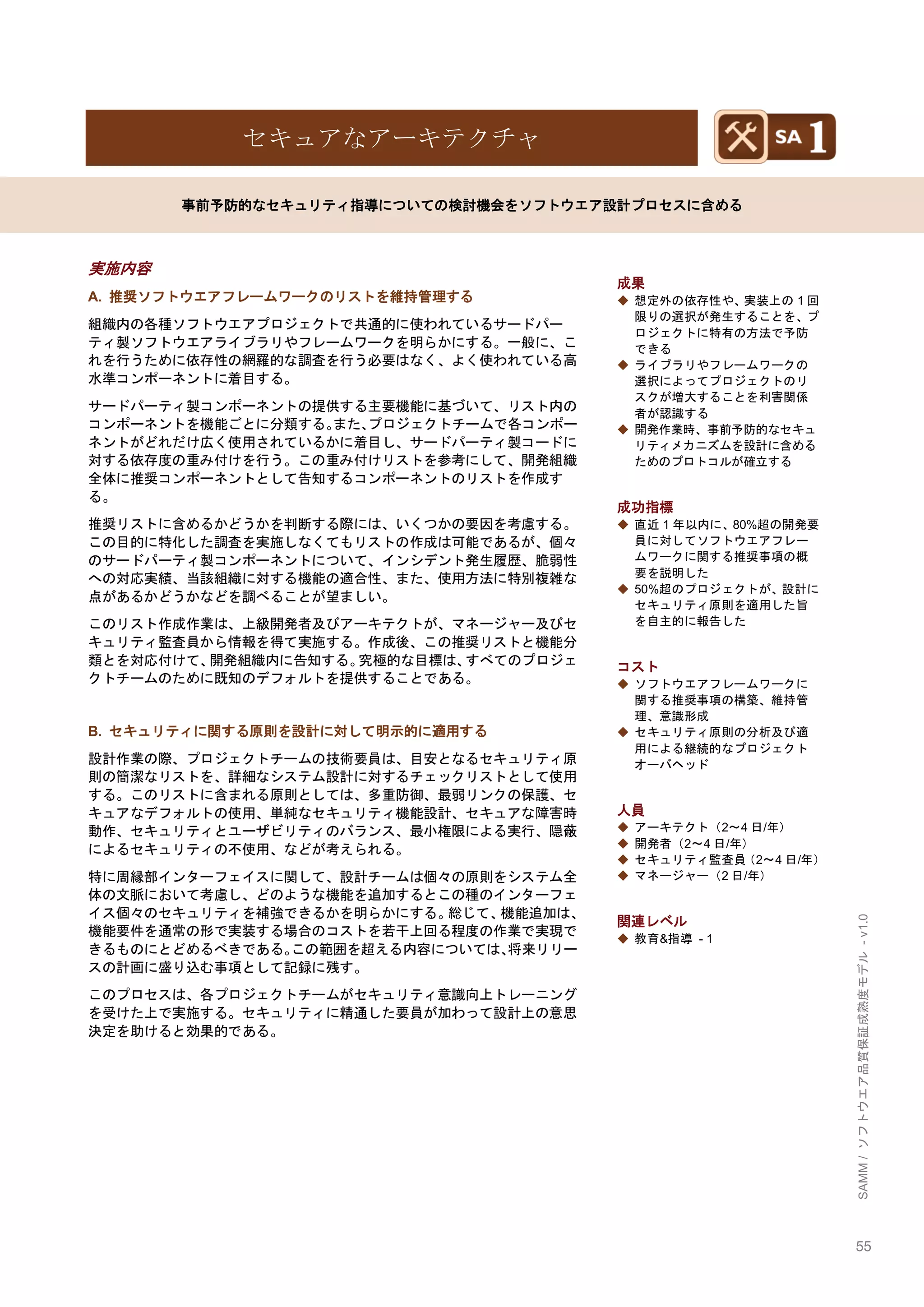 55 
SAMM / ソフトウエア品質保証成熟度モデル - v1.0 
セキュアなアーキテクチャ 
事前予防的なセキュリティ指導についての検討機会をソフトウエア設計プロセスに含める 
実施内容 
A. 推奨ソフトウエアフレームワークのリストを維持管理する 
組織内の各種ソフトウエアプロジェクトで共通的に使われているサードパー ティ製ソフトウエアライブラリやフレームワークを明らかにする。一般に、こ れを行うために依存性の網羅的な調査を行う必要はなく、よく使われている高 水準コンポーネントに着目する。 
サードパーティ製コンポーネントの提供する主要機能に基づいて、リスト内の コンポーネントを機能ごとに分類する。また、プロジェクトチームで各コンポー ネントがどれだけ広く使用されているかに着目し、サードパーティ製コードに 対する依存度の重み付けを行う。この重み付けリストを参考にして、開発組織 全体に推奨コンポーネントとして告知するコンポーネントのリストを作成す る。 
推奨リストに含めるかどうかを判断する際には、いくつかの要因を考慮する。 この目的に特化した調査を実施しなくてもリストの作成は可能であるが、個々 のサードパーティ製コンポーネントについて、インシデント発生履歴、脆弱性 への対応実績、当該組織に対する機能の適合性、また、使用方法に特別複雑な 点があるかどうかなどを調べることが望ましい。 
このリスト作成作業は、上級開発者及びアーキテクトが、マネージャー及びセ キュリティ監査員から情報を得て実施する。作成後、この推奨リストと機能分 類とを対応付けて、開発組織内に告知する。究極的な目標は、すべてのプロジェ クトチームのために既知のデフォルトを提供することである。 
B. セキュリティに関する原則を設計に対して明示的に適用する 
設計作業の際、プロジェクトチームの技術要員は、目安となるセキュリティ原 則の簡潔なリストを、詳細なシステム設計に対するチェックリストとして使用 する。このリストに含まれる原則としては、多重防御、最弱リンクの保護、セ キュアなデフォルトの使用、単純なセキュリティ機能設計、セキュアな障害時 動作、セキュリティとユーザビリティのバランス、最小権限による実行、隠蔽 によるセキュリティの不使用、などが考えられる。 
特に周縁部インターフェイスに関して、設計チームは個々の原則をシステム全 体の文脈において考慮し、どのような機能を追加するとこの種のインターフェ イス個々のセキュリティを補強できるかを明らかにする。総じて、機能追加は、 機能要件を通常の形で実装する場合のコストを若干上回る程度の作業で実現で きるものにとどめるべきである。この範囲を超える内容については、将来リリー スの計画に盛り込む事項として記録に残す。 
このプロセスは、各プロジェクトチームがセキュリティ意識向上トレーニング を受けた上で実施する。セキュリティに精通した要員が加わって設計上の意思 決定を助けると効果的である。 
成果 
◆ 想定外の依存性や、実装上の1回 限りの選択が発生することを、プ ロジェクトに特有の方法で予防 できる 
◆ ライブラリやフレームワークの 選択によってプロジェクトのリ スクが増大することを利害関係 者が認識する 
◆ 開発作業時、事前予防的なセキュ リティメカニズムを設計に含める ためのプロトコルが確立する 
成功指標 
◆ 直近1年以内に、80%超の開発要 員に対してソフトウエアフレー ムワークに関する推奨事項の概 要を説明した 
◆ 50%超のプロジェクトが、設計に セキュリティ原則を適用した旨 を自主的に報告した 
コスト 
◆ ソフトウエアフレームワークに 関する推奨事項の構築、維持管 理、意識形成 
◆ セキュリティ原則の分析及び適 用による継続的なプロジェクト オーバヘッド 
人員 
◆ アーキテクト（2～4日/年） 
◆ 開発者（2～4日/年） 
◆ セキュリティ監査員（2～4日/年） 
◆ マネージャー（2日/年） 
関連レベル 
◆ 教育&指導 - 1 
 