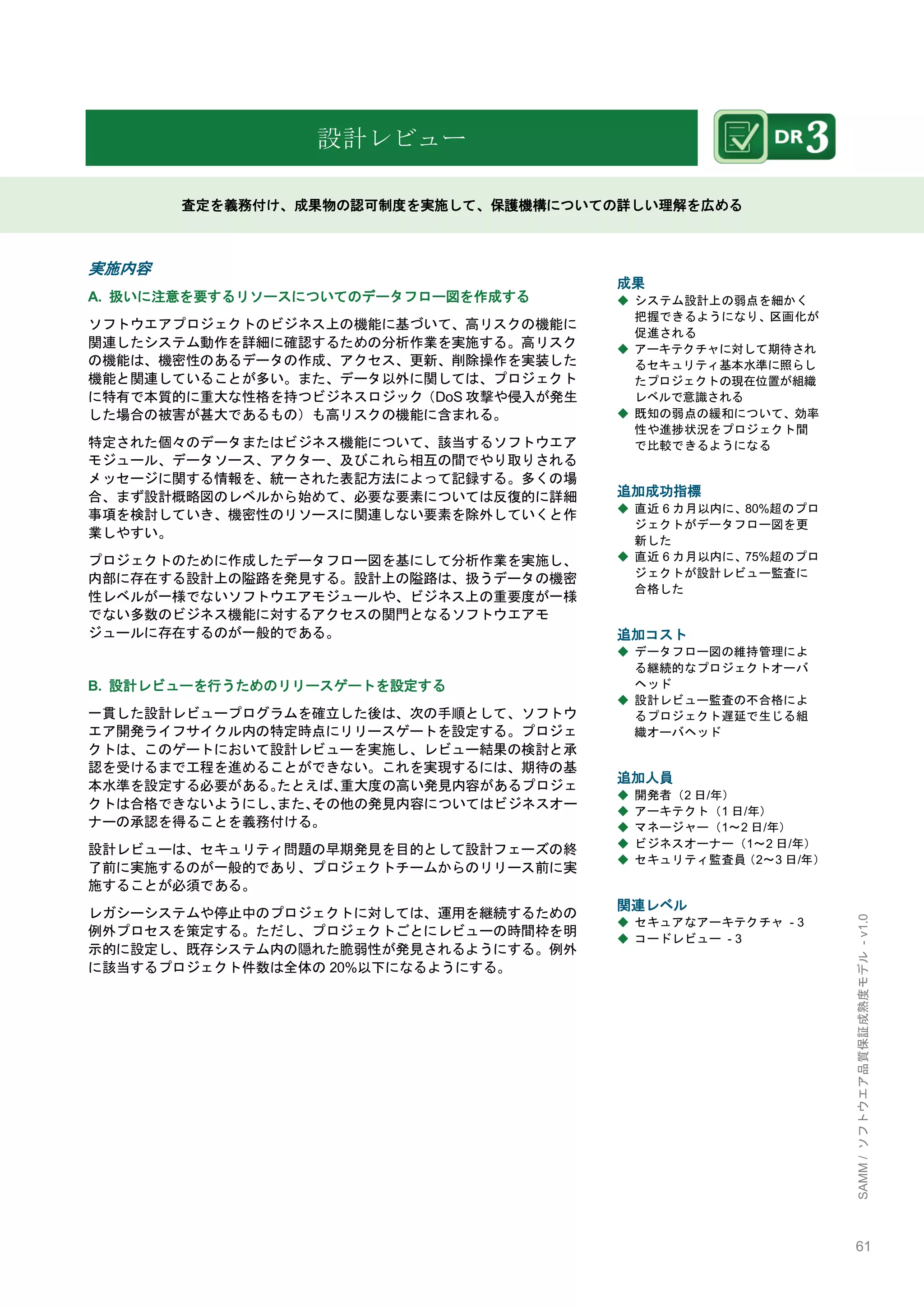 61 
SAMM / ソフトウエア品質保証成熟度モデル - v1.0 
設計レビュー 
査定を義務付け、成果物の認可制度を実施して、保護機構についての詳しい理解を広める 
実施内容 
A. 扱いに注意を要するリソースについてのデータフロー図を作成する 
ソフトウエアプロジェクトのビジネス上の機能に基づいて、高リスクの機能に 関連したシステム動作を詳細に確認するための分析作業を実施する。高リスク の機能は、機密性のあるデータの作成、アクセス、更新、削除操作を実装した 機能と関連していることが多い。また、データ以外に関しては、プロジェクト に特有で本質的に重大な性格を持つビジネスロジック（DoS攻撃や侵入が発生 した場合の被害が甚大であるもの）も高リスクの機能に含まれる。 
特定された個々のデータまたはビジネス機能について、該当するソフトウエア モジュール、データソース、アクター、及びこれら相互の間でやり取りされる メッセージに関する情報を、統一された表記方法によって記録する。多くの場 合、まず設計概略図のレベルから始めて、必要な要素については反復的に詳細 事項を検討していき、機密性のリソースに関連しない要素を除外していくと作 業しやすい。 
プロジェクトのために作成したデータフロー図を基にして分析作業を実施し、 内部に存在する設計上の隘路を発見する。設計上の隘路は、扱うデータの機密 性レベルが一様でないソフトウエアモジュールや、ビジネス上の重要度が一様 でない多数のビジネス機能に対するアクセスの関門となるソフトウエアモ ジュールに存在するのが一般的である。 
B. 設計レビューを行うためのリリースゲートを設定する 
一貫した設計レビュープログラムを確立した後は、次の手順として、ソフトウ エア開発ライフサイクル内の特定時点にリリースゲートを設定する。プロジェ クトは、このゲートにおいて設計レビューを実施し、レビュー結果の検討と承 認を受けるまで工程を進めることができない。これを実現するには、期待の基 本水準を設定する必要がある。たとえば、重大度の高い発見内容があるプロジェ クトは合格できないようにし、また、その他の発見内容についてはビジネスオー ナーの承認を得ることを義務付ける。 
設計レビューは、セキュリティ問題の早期発見を目的として設計フェーズの終 了前に実施するのが一般的であり、プロジェクトチームからのリリース前に実 施することが必須である。 
レガシーシステムや停止中のプロジェクトに対しては、運用を継続するための 例外プロセスを策定する。ただし、プロジェクトごとにレビューの時間枞を明 示的に設定し、既存システム内の隠れた脆弱性が発見されるようにする。例外 に該当するプロジェクト件数は全体の20%以下になるようにする。 
成果 
◆ システム設計上の弱点を細かく 把握できるようになり、区画化が 促進される 
◆ アーキテクチャに対して期待され るセキュリティ基本水準に照らし たプロジェクトの現在位置が組織 レベルで意識される 
◆ 既知の弱点の緩和について、効率 性や進捗状況をプロジェクト間 で比較できるようになる 
追加成功指標 
◆ 直近6カ月以内に、80%超のプロ ジェクトがデータフロー図を更 新した 
◆ 直近6カ月以内に、75%超のプロ ジェクトが設計レビュー監査に 合格した 
追加コスト 
◆ データフロー図の維持管理によ る継続的なプロジェクトオーバ ヘッド 
◆ 設計レビュー監査の不合格によ るプロジェクト遅延で生じる組 織オーバヘッド 
追加人員 
◆ 開発者（2日/年） 
◆ アーキテクト（1日/年） 
◆ マネージャー（1～2日/年） 
◆ ビジネスオーナー（1～2日/年） 
◆ セキュリティ監査員（2～3日/年） 
関連レベル 
◆ セキュアなアーキテクチャ - 3 
◆ コードレビュー - 3 
 