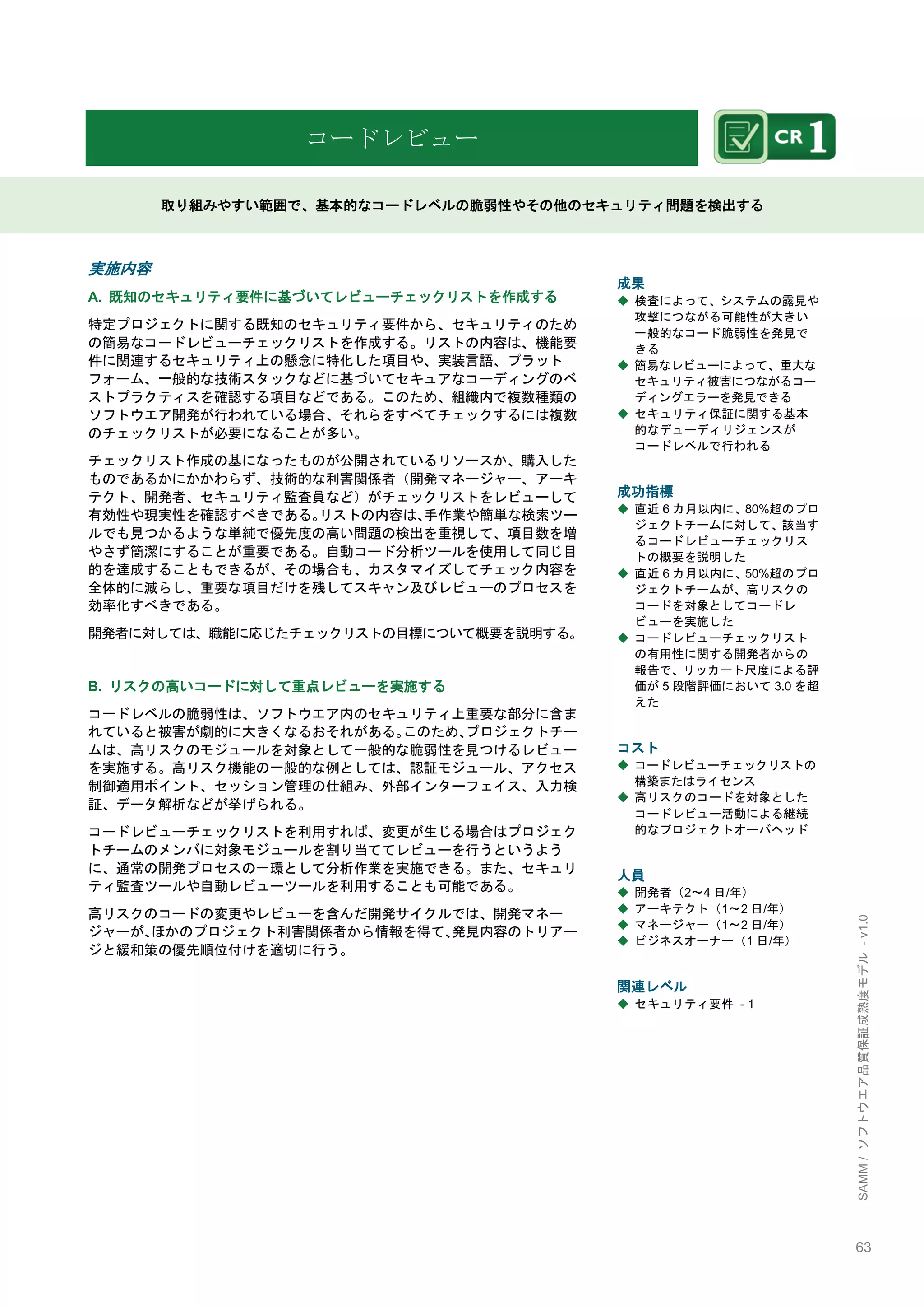 63 
SAMM / ソフトウエア品質保証成熟度モデル - v1.0 
コードレビュー 
取り組みやすい範囲で、基本的なコードレベルの脆弱性やその他のセキュリティ問題を検出する 
実施内容 
A. 既知のセキュリティ要件に基づいてレビューチェックリストを作成する 
特定プロジェクトに関する既知のセキュリティ要件から、セキュリティのため の簡易なコードレビューチェックリストを作成する。リストの内容は、機能要 件に関連するセキュリティ上の懸念に特化した項目や、実装言語、プラット フォーム、一般的な技術スタックなどに基づいてセキュアなコーディングのベ ストプラクティスを確認する項目などである。このため、組織内で複数種類の ソフトウエア開発が行われている場合、それらをすべてチェックするには複数 のチェックリストが必要になることが多い。 
チェックリスト作成の基になったものが公開されているリソースか、購入した ものであるかにかかわらず、技術的な利害関係者（開発マネージャー、アーキ テクト、開発者、セキュリティ監査員など）がチェックリストをレビューして 有効性や現実性を確認すべきである。リストの内容は、手作業や簡単な検索ツー ルでも見つかるような単純で優先度の高い問題の検出を重視して、項目数を増 やさず簡潔にすることが重要である。自動コード分析ツールを使用して同じ目 的を達成することもできるが、その場合も、カスタマイズしてチェック内容を 全体的に減らし、重要な項目だけを残してスキャン及びレビューのプロセスを 効率化すべきである。 
開発者に対しては、職能に応じたチェックリストの目標について概要を説明する。 
B. リスクの高いコードに対して重点レビューを実施する 
コードレベルの脆弱性は、ソフトウエア内のセキュリティ上重要な部分に含ま れていると被害が劇的に大きくなるおそれがある。このため、プロジェクトチー ムは、高リスクのモジュールを対象として一般的な脆弱性を見つけるレビュー を実施する。高リスク機能の一般的な例としては、認証モジュール、アクセス 制御適用ポイント、セッション管理の仕組み、外部インターフェイス、入力検 証、データ解析などが挙げられる。 
コードレビューチェックリストを利用すれば、変更が生じる場合はプロジェク トチームのメンバに対象モジュールを割り当ててレビューを行うというよう に、通常の開発プロセスの一環として分析作業を実施できる。また、セキュリ ティ監査ツールや自動レビューツールを利用することも可能である。 
高リスクのコードの変更やレビューを含んだ開発サイクルでは、開発マネー ジャーが、ほかのプロジェクト利害関係者から情報を得て、発見内容のトリアー ジと緩和策の優先順位付けを適切に行う。 
成果 
◆ 検査によって、システムの露見や 攻撃につながる可能性が大きい 一般的なコード脆弱性を発見で きる 
◆ 簡易なレビューによって、重大な セキュリティ被害につながるコー ディングエラーを発見できる 
◆ セキュリティ保証に関する基本 的なデューディリジェンスが コードレベルで行われる 
成功指標 
◆ 直近6カ月以内に、80%超のプロ ジェクトチームに対して、該当す るコードレビューチェックリス トの概要を説明した 
◆ 直近6カ月以内に、50%超のプロ ジェクトチームが、高リスクの コードを対象としてコードレ ビューを実施した 
◆ コードレビューチェックリスト の有用性に関する開発者からの 報告で、リッカート尺度による評 価が5段階評価において3.0を超 えた 
コスト 
◆ コードレビューチェックリストの 構築またはライセンス 
◆ 高リスクのコードを対象とした コードレビュー活動による継続 的なプロジェクトオーバヘッド 
人員 
◆ 開発者（2～4日/年） 
◆ アーキテクト（1～2日/年） 
◆ マネージャー（1～2日/年） 
◆ ビジネスオーナー（1日/年） 
関連レベル 
◆ セキュリティ要件 - 1 
 