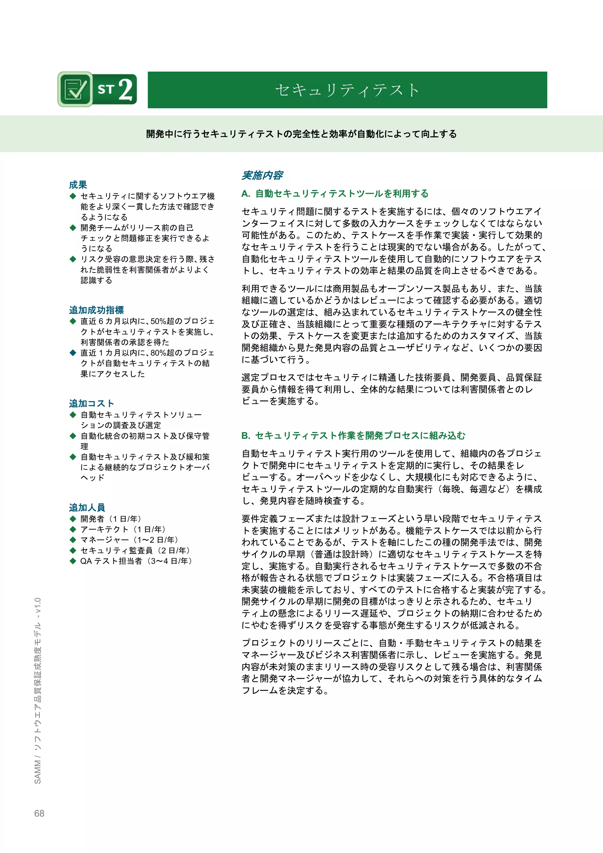 68 
SAMM / ソフトウエア品質保証成熟度モデル - v1.0 
セキュリティテスト 
開発中に行うセキュリティテストの完全性と効率が自動化によって向上する 
成果 
◆ セキュリティに関するソフトウエア機 能をより深く一貫した方法で確認でき るようになる 
◆ 開発チームがリリース前の自己 チェックと問題修正を実行できるよ うになる 
◆ リスク受容の意思決定を行う際、残さ れた脆弱性を利害関係者がよりよく 認識する 
追加成功指標 
◆ 直近6カ月以内に、50%超のプロジェ クトがセキュリティテストを実施し、 利害関係者の承認を得た 
◆ 直近1カ月以内に、80%超のプロジェ クトが自動セキュリティテストの結 果にアクセスした 
追加コスト 
◆ 自動セキュリティテストソリュー ションの調査及び選定 
◆ 自動化統合の初期コスト及び保守管 理 
◆ 自動セキュリティテスト及び緩和策 による継続的なプロジェクトオーバ ヘッド 
追加人員 
◆ 開発者（1日/年） 
◆ アーキテクト（1日/年） 
◆ マネージャー（1～2日/年） 
◆ セキュリティ監査員（2日/年） 
◆ QAテスト担当者（3～4日/年） 
実施内容 
A. 自動セキュリティテストツールを利用する 
セキュリティ問題に関するテストを実施するには、個々のソフトウエアイ ンターフェイスに対して多数の入力ケースをチェックしなくてはならない 可能性がある。このため、テストケースを手作業で実装・実行して効果的 なセキュリティテストを行うことは現実的でない場合がある。したがって、 自動化セキュリティテストツールを使用して自動的にソフトウエアをテス トし、セキュリティテストの効率と結果の品質を向上させるべきである。 
利用できるツールには商用製品もオープンソース製品もあり、また、当該 組織に適しているかどうかはレビューによって確認する必要がある。適切 なツールの選定は、組み込まれているセキュリティテストケースの健全性 及び正確さ、当該組織にとって重要な種類のアーキテクチャに対するテス トの効果、テストケースを変更または追加するためのカスタマイズ、当該 開発組織から見た発見内容の品質とユーザビリティなど、いくつかの要因 に基づいて行う。 
選定プロセスではセキュリティに精通した技術要員、開発要員、品質保証 要員から情報を得て利用し、全体的な結果については利害関係者とのレ ビューを実施する。 
B. セキュリティテスト作業を開発プロセスに組み込む 
自動セキュリティテスト実行用のツールを使用して、組織内の各プロジェ クトで開発中にセキュリティテストを定期的に実行し、その結果をレ ビューする。オーバヘッドを尐なくし、大規模化にも対応できるように、 セキュリティテストツールの定期的な自動実行（毎晩、毎週など）を構成 し、発見内容を随時検査する。 
要件定義フェーズまたは設計フェーズという早い段階でセキュリティテス トを実施することにはメリットがある。機能テストケースでは以前から行 われていることであるが、テストを軸にしたこの種の開発手法では、開発 サイクルの早期（普通は設計時）に適切なセキュリティテストケースを特 定し、実施する。自動実行されるセキュリティテストケースで多数の不合 格が報告される状態でプロジェクトは実装フェーズに入る。不合格項目は 未実装の機能を示しており、すべてのテストに合格すると実装が完了する。 開発サイクルの早期に開発の目標がはっきりと示されるため、セキュリ ティ上の懸念によるリリース遅延や、プロジェクトの納期に合わせるため にやむを得ずリスクを受容する事態が発生するリスクが低減される。 
プロジェクトのリリースごとに、自動・手動セキュリティテストの結果を マネージャー及びビジネス利害関係者に示し、レビューを実施する。発見 内容が未対策のままリリース時の受容リスクとして残る場合は、利害関係 者と開発マネージャーが協力して、それらへの対策を行う具体的なタイム フレームを決定する。 
 