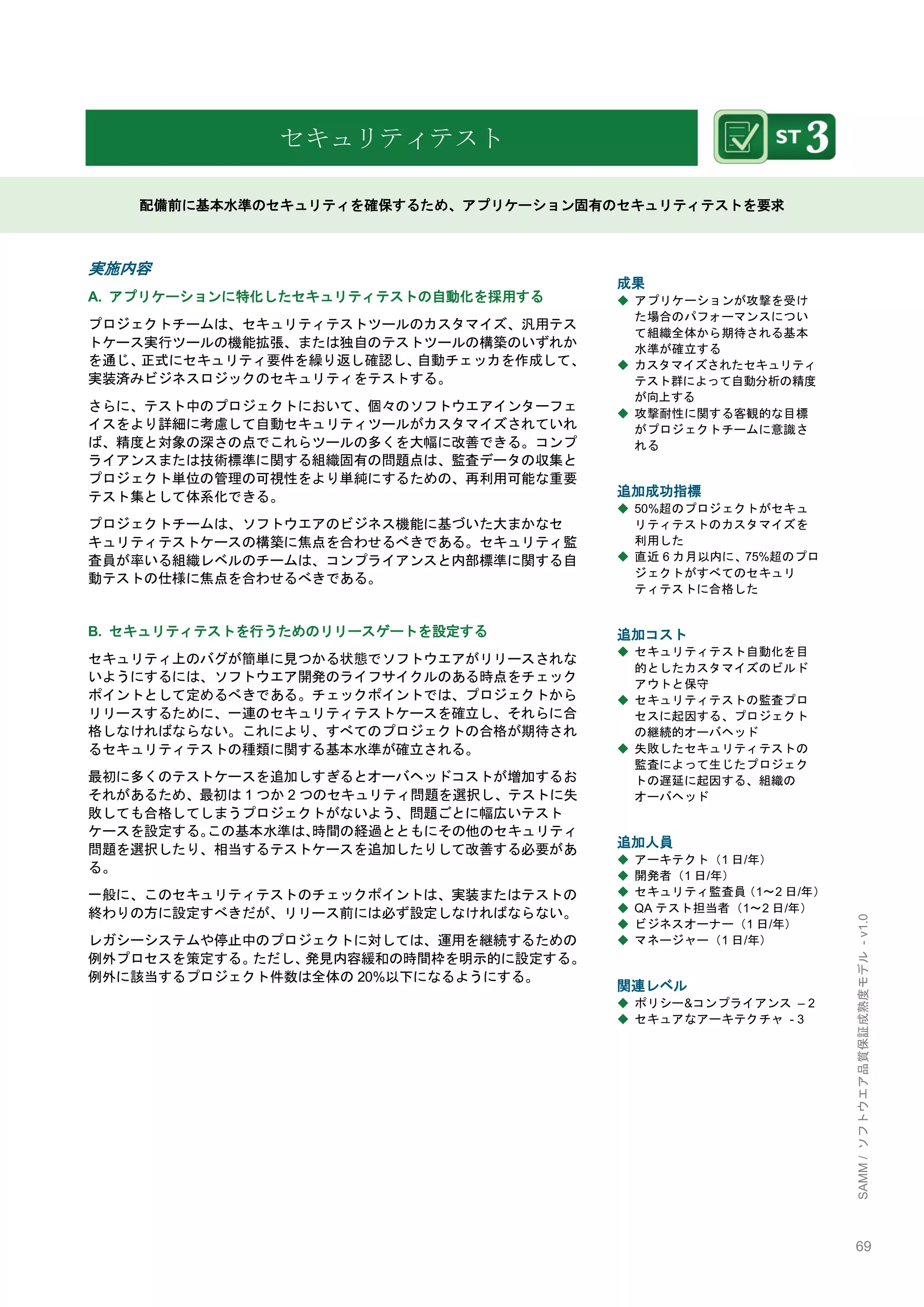 69 
SAMM / ソフトウエア品質保証成熟度モデル - v1.0 
セキュリティテスト 
配備前に基本水準のセキュリティを確保するため、アプリケーション固有のセキュリティテストを要求 
実施内容 
A. アプリケーションに特化したセキュリティテストの自動化を採用する 
プロジェクトチームは、セキュリティテストツールのカスタマイズ、汎用テス トケース実行ツールの機能拡張、または独自のテストツールの構築のいずれか を通じ、正式にセキュリティ要件を繰り返し確認し、自動チェッカを作成して、 実装済みビジネスロジックのセキュリティをテストする。 
さらに、テスト中のプロジェクトにおいて、個々のソフトウエアインターフェ イスをより詳細に考慮して自動セキュリティツールがカスタマイズされていれ ば、精度と対象の深さの点でこれらツールの多くを大幅に改善できる。コンプ ライアンスまたは技術標準に関する組織固有の問題点は、監査データの収集と プロジェクト単位の管理の可視性をより単純にするための、再利用可能な重要 テスト集として体系化できる。 
プロジェクトチームは、ソフトウエアのビジネス機能に基づいた大まかなセ キュリティテストケースの構築に焦点を合わせるべきである。セキュリティ監 査員が率いる組織レベルのチームは、コンプライアンスと内部標準に関する自 動テストの仕様に焦点を合わせるべきである。 
B. セキュリティテストを行うためのリリースゲートを設定する 
セキュリティ上のバグが簡単に見つかる状態でソフトウエアがリリースされな いようにするには、ソフトウエア開発のライフサイクルのある時点をチェック ポイントとして定めるべきである。チェックポイントでは、プロジェクトから リリースするために、一連のセキュリティテストケースを確立し、それらに合 格しなければならない。これにより、すべてのプロジェクトの合格が期待され るセキュリティテストの種類に関する基本水準が確立される。 
最初に多くのテストケースを追加しすぎるとオーバヘッドコストが増加するお それがあるため、最初は1つか2つのセキュリティ問題を選択し、テストに失 敗しても合格してしまうプロジェクトがないよう、問題ごとに幅広いテスト ケースを設定する。この基本水準は、時間の経過とともにその他のセキュリティ 問題を選択したり、相当するテストケースを追加したりして改善する必要があ る。 
一般に、このセキュリティテストのチェックポイントは、実装またはテストの 終わりの方に設定すべきだが、リリース前には必ず設定しなければならない。 
レガシーシステムや停止中のプロジェクトに対しては、運用を継続するための 例外プロセスを策定する。ただし、発見内容緩和の時間枞を明示的に設定する。 例外に該当するプロジェクト件数は全体の20%以下になるようにする。 
成果 
◆ アプリケーションが攻撃を受け た場合のパフォーマンスについ て組織全体から期待される基本 水準が確立する 
◆ カスタマイズされたセキュリティ テスト群によって自動分析の精度 が向上する 
◆ 攻撃耐性に関する客観的な目標 がプロジェクトチームに意識さ れる 
追加成功指標 
◆ 50%超のプロジェクトがセキュ リティテストのカスタマイズを 利用した 
◆ 直近6カ月以内に、75%超のプロ ジェクトがすべてのセキュリ ティテストに合格した 
追加コスト 
◆ セキュリティテスト自動化を目 的としたカスタマイズのビルド アウトと保守 
◆ セキュリティテストの監査プロ セスに起因する、プロジェクト の継続的オーバヘッド 
◆ 失敗したセキュリティテストの 監査によって生じたプロジェク トの遅延に起因する、組織の オーバヘッド 
追加人員 
◆ アーキテクト（1日/年） 
◆ 開発者（1日/年） 
◆ セキュリティ監査員（1～2日/年） 
◆ QAテスト担当者（1～2日/年） 
◆ ビジネスオーナー（1日/年） 
◆ マネージャー（1日/年） 
関連レベル 
◆ ポリシー&コンプライアンス – 2 
◆ セキュアなアーキテクチャ - 3 
 