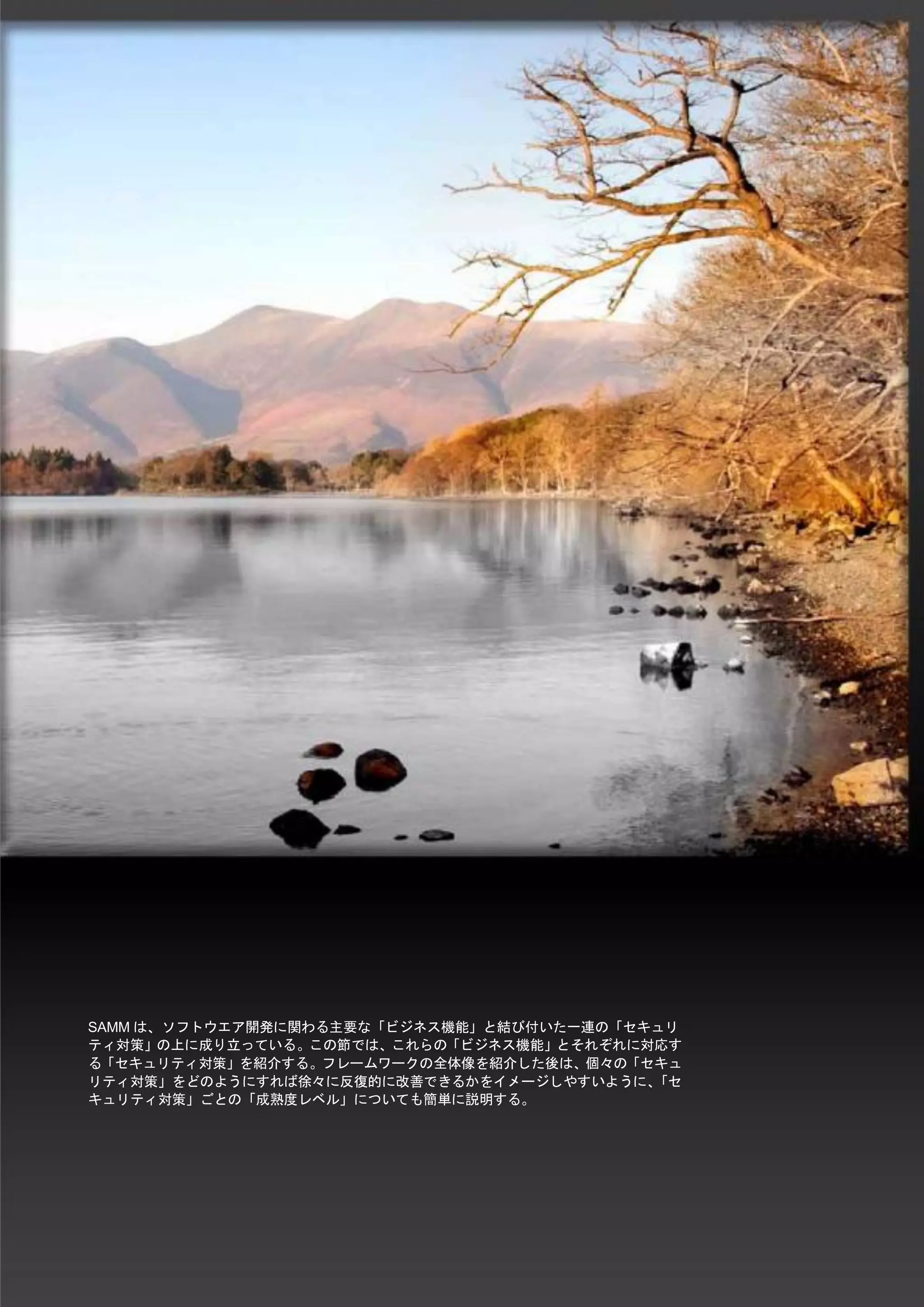 7 
SAMM / ソフトウエア品質保証成熟度モデル - v1.0 
SAMMは、ソフトウエア開発に関わる主要な「ビジネス機能」と結び付いた一連の「セキュリ ティ対策」の上に成り立っている。この節では、これらの「ビジネス機能」とそれぞれに対応す る「セキュリティ対策」を紹介する。フレームワークの全体像を紹介した後は、個々の「セキュ リティ対策」をどのようにすれば徐々に反復的に改善できるかをイメージしやすいように、「セ キュリティ対策」ごとの「成熟度レベル」についても簡単に説明する。 
 