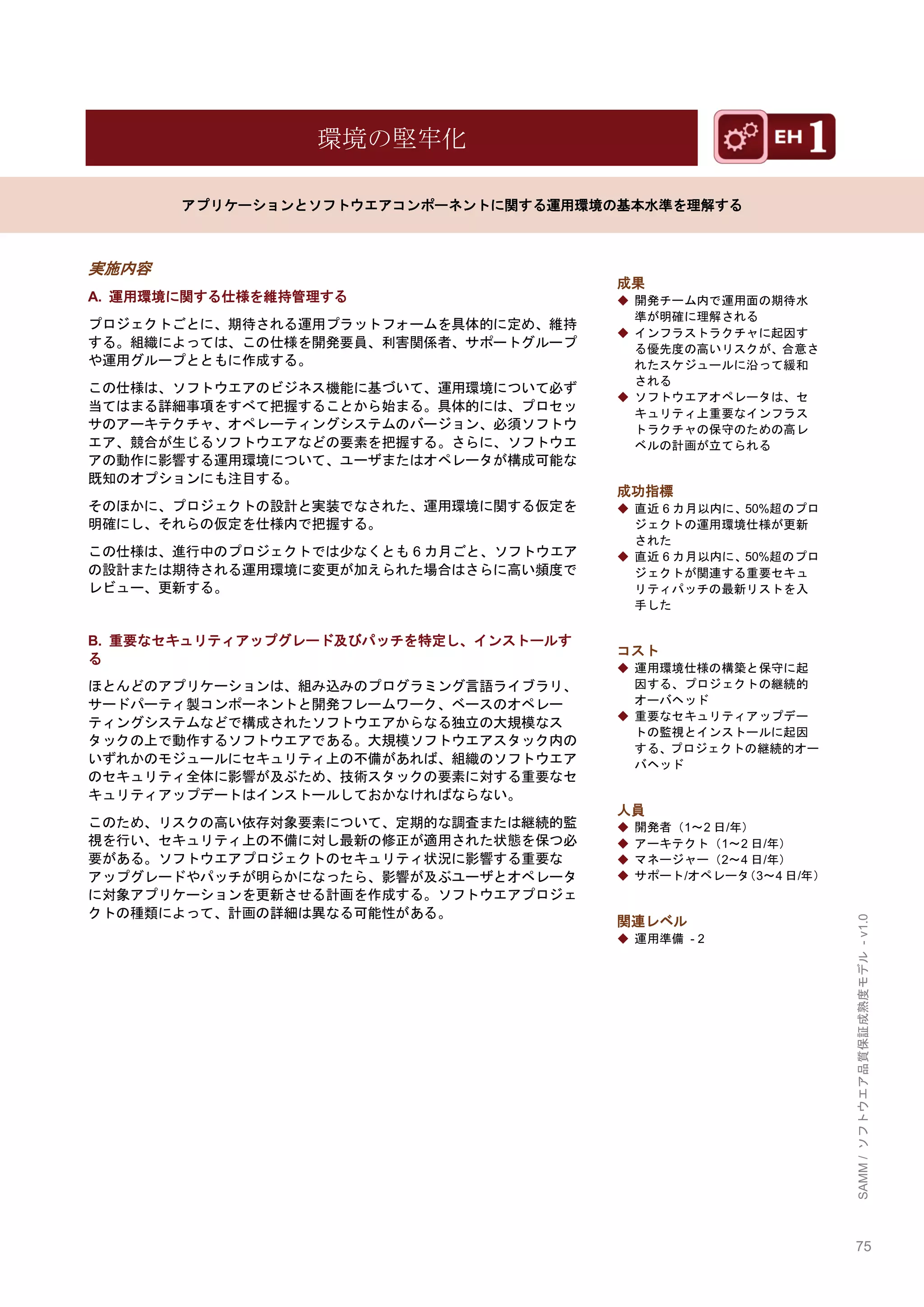 75 
SAMM / ソフトウエア品質保証成熟度モデル - v1.0 
環境の堅牢化 
アプリケーションとソフトウエアコンポーネントに関する運用環境の基本水準を理解する 
実施内容 
A. 運用環境に関する仕様を維持管理する 
プロジェクトごとに、期待される運用プラットフォームを具体的に定め、維持 する。組織によっては、この仕様を開発要員、利害関係者、サポートグループ や運用グループとともに作成する。 
この仕様は、ソフトウエアのビジネス機能に基づいて、運用環境について必ず 当てはまる詳細事項をすべて把握することから始まる。具体的には、プロセッ サのアーキテクチャ、オペレーティングシステムのバージョン、必須ソフトウ エア、競合が生じるソフトウエアなどの要素を把握する。さらに、ソフトウエ アの動作に影響する運用環境について、ユーザまたはオペレータが構成可能な 既知のオプションにも注目する。 
そのほかに、プロジェクトの設計と実装でなされた、運用環境に関する仮定を 明確にし、それらの仮定を仕様内で把握する。 
この仕様は、進行中のプロジェクトでは尐なくとも6カ月ごと、ソフトウエア の設計または期待される運用環境に変更が加えられた場合はさらに高い頻度で レビュー、更新する。 
B. 重要なセキュリティアップグレード及びパッチを特定し、インストールす る 
ほとんどのアプリケーションは、組み込みのプログラミング言語ライブラリ、 サードパーティ製コンポーネントと開発フレームワーク、ベースのオペレー ティングシステムなどで構成されたソフトウエアからなる独立の大規模なス タックの上で動作するソフトウエアである。大規模ソフトウエアスタック内の いずれかのモジュールにセキュリティ上の不備があれば、組織のソフトウエア のセキュリティ全体に影響が及ぶため、技術スタックの要素に対する重要なセ キュリティアップデートはインストールしておかなければならない。 
このため、リスクの高い依存対象要素について、定期的な調査または継続的監 視を行い、セキュリティ上の不備に対し最新の修正が適用された状態を保つ必 要がある。ソフトウエアプロジェクトのセキュリティ状況に影響する重要な アップグレードやパッチが明らかになったら、影響が及ぶユーザとオペレータ に対象アプリケーションを更新させる計画を作成する。ソフトウエアプロジェ クトの種類によって、計画の詳細は異なる可能性がある。 
成果 
◆ 開発チーム内で運用面の期待水 準が明確に理解される 
◆ インフラストラクチャに起因す る優先度の高いリスクが、合意さ れたスケジュールに沿って緩和 される 
◆ ソフトウエアオペレータは、セ キュリティ上重要なインフラス トラクチャの保守のための高レ ベルの計画が立てられる 
成功指標 
◆ 直近6カ月以内に、50%超のプロ ジェクトの運用環境仕様が更新 された 
◆ 直近6カ月以内に、50%超のプロ ジェクトが関連する重要セキュ リティパッチの最新リストを入 手した 
コスト 
◆ 運用環境仕様の構築と保守に起 因する、プロジェクトの継続的 オーバヘッド 
◆ 重要なセキュリティアップデー トの監視とインストールに起因 する、プロジェクトの継続的オー バヘッド 
人員 
◆ 開発者（1～2日/年） 
◆ アーキテクト（1～2日/年） 
◆ マネージャー（2～4日/年） 
◆ サポート/オペレータ（3～4日/年） 
関連レベル 
◆ 運用準備 - 2 
 