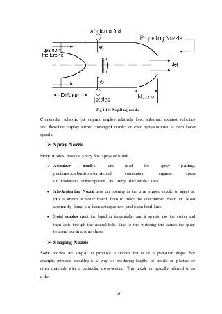 16
Fig 1.10: Propelling nozzle
Conversely, subsonic jet engines employ relatively low, subsonic, exhaust velocities
and therefore employ simple convergent nozzle, or even bypass nozzles at even lower
speeds.
 Spray Nozzle
Many nozzles produce a very fine spray of liquids.
 Atomizer nozzles are used for spray painting,
perfumes, carburettors for internal combustion engines, spray
on deodorants, antiperspirants and many other similar uses.
 Air-Aspirating Nozzle uses an opening in the cone shaped nozzle to inject air
into a stream of water based foam to make the concentrate "foam up". Most
commonly found on foam extinguishers and foam hand lines.
 Swirl nozzles inject the liquid in tangentially, and it spirals into the center and
then exits through the central hole. Due to the vortexing this causes the spray
to come out in a cone shape.
 Shaping Nozzle
Some nozzles are shaped to produce a stream that is of a particular shape. For
example, extrusion moulding is a way of producing lengths of metals or plastics or
other materials with a particular cross-section. This nozzle is typically referred to as
a die.
 