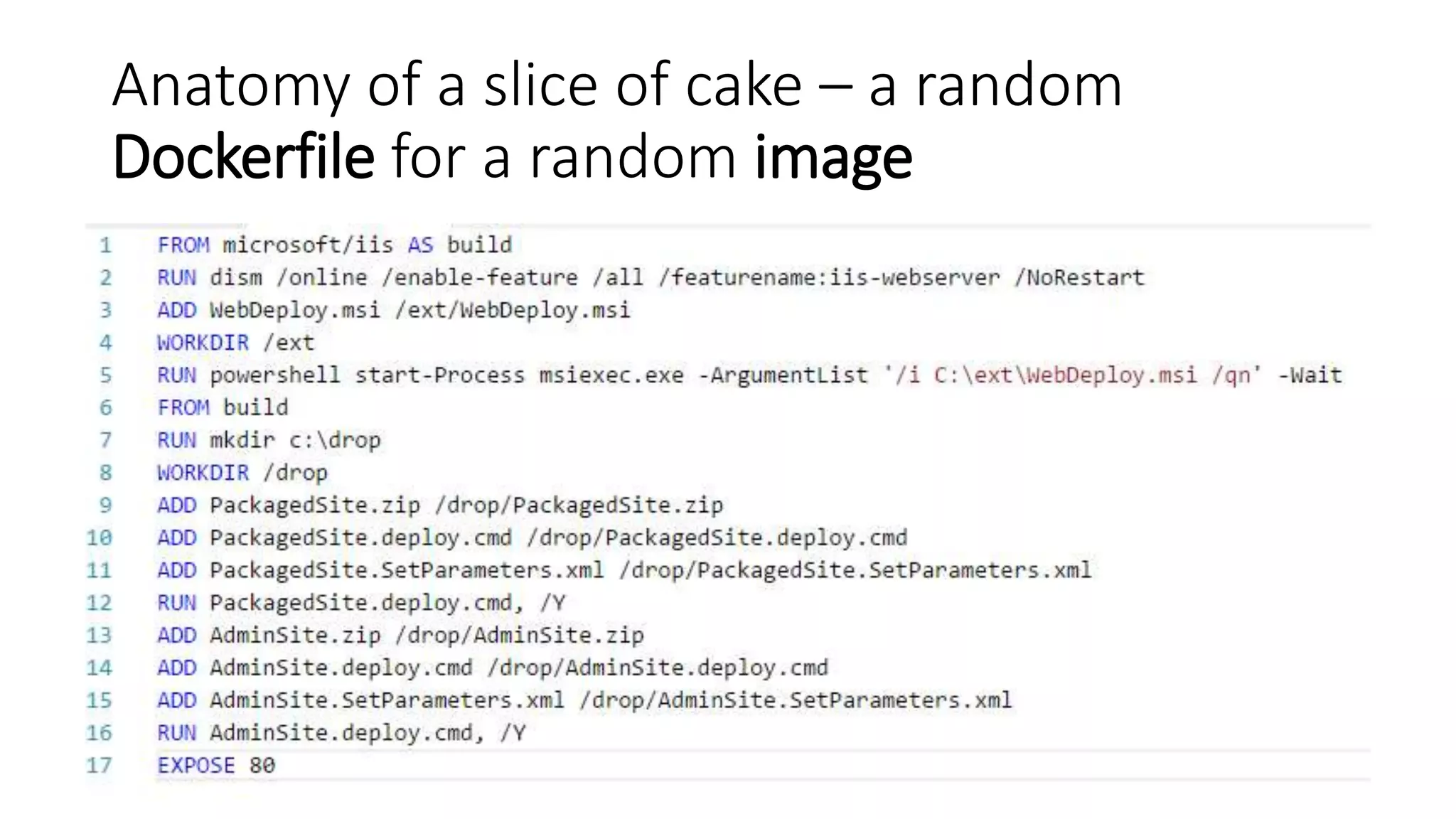 Anatomy of a slice of cake – a random
Dockerfile for a random image
 