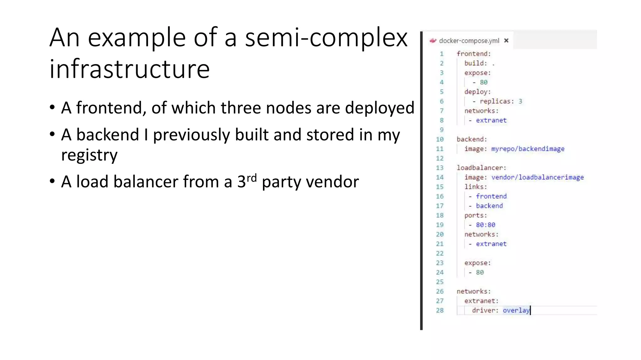 An example of a semi-complex
infrastructure
• A frontend, of which three nodes are deployed
• A backend I previously built and stored in my
registry
• A load balancer from a 3rd party vendor
 