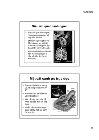 13/10/2016
33
Siêu âm qua thành ngực
 Siêu âm qua thành ngực
(Transthoracic Echocardiogram:TTE),
hay siêu âm tim.
 BN nằm nghiêng trái với
đầu kê cao, tay trái đặt
dưới đầu và tay phải dọc
theo thân mình bên phải.
 Vị trí chuẩn để đặt đầu dò
trên thành ngực goi là
cửa sổ siêu âm (echo
windows).
65
Mặt cắt cạnh ức trục dọc
 Đầu dò đặt bờ trái xương
ức, khoảng liên sườn 2nd –
4th
 Hầu hết siêu âm bắt đầu
với mặt cắt này
 Mặt cắt này làm mốc để
khảo sát các mặt cắt tiếp
theo
 Nhiều cấu trúc tim được
quan sát từ mặt cắt cạnh
ức trục dọc.
66
 