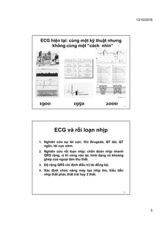 13/10/2016
5
ECG hiện tại: cùng một kỹ thuật nhưng
không cùng một “cách nhìn”
1900 1950 2000 9
ECG và rối loạn nhịp
1. Nghiên cứu sự tái cực: H/c Brugada, QT dài, QT
ngắn, tái cực sớm.
2. Nghiên cứu rối loạn nhịp: chẩn đoán nhịp nhanh
QRS rộng, vị trí vòng vào lại, hình dạng và khoảng
ghép của ngoại tâm thu thất.
3. Độ rộng QRS chỉ định điều trị tái đồng bộ.
4. Xác định chức năng máy tạo nhịp tim, kiểu dẫn
nhịp thất phải, thất trái hay 2 thất.
10
 