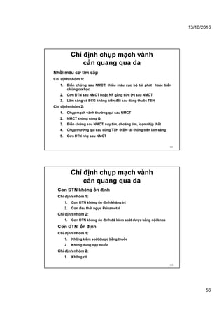 13/10/2016
56
Chỉ định chụp mạch vành
cản quang qua da
Nhồi máu cơ tim cấp
Chỉ định nhóm 1:
1. Biến chứng sau NMCT: thiếu máu cục bộ tái phát hoặc biến
chứng cơ học
2. Cơn ĐTN sau NMCT hoặc NF gắng sức (+) sau NMCT
3. Lâm sàng và ECG không biến đổi sau dùng thuốc TSH
Chỉ định nhóm 2:
1. Chụp mạch vành thường qui sau NMCT
2. NMCT không sóng Q
3. Biến chứng sau NMCT: suy tim, choáng tim, loạn nhịp thất
4. Chụp thường qui sau dùng TSH ở BN tái thông trên lâm sàng
5. Cơn ĐTN nhẹ sau NMCT
111
Chỉ định chụp mạch vành
cản quang qua da
Cơn ĐTN không ổn định
Chỉ định nhóm 1:
1. Cơn ĐTN không ổn định kháng trị
2. Cơn đau thắt ngực Prinzmetal
Chỉ định nhóm 2:
1. Cơn ĐTN không ổn định đã kiểm soát được bằng nội khoa
Cơn ĐTN ổn định
Chỉ định nhóm 1:
1. Không kiểm soát được bằng thuốc
2. Không dung nạp thuốc
Chỉ định nhóm 2:
1. Không có
112
 