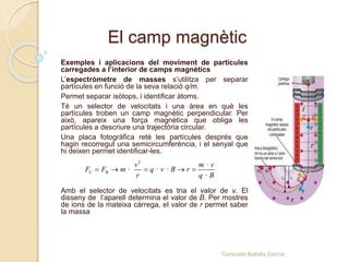 El camp magnètic
Exemples i aplicacions del moviment de partícules
carregades a l’interior de camps magnètics
L’espectròmetre de masses s’utilitza per separar
partícules en funció de la seva relació q/m.
Permet separar isòtops, i identificar àtoms.
Té un selector de velocitats i una àrea en què les
partícules troben un camp magnètic perpendicular. Per
això, apareix una força magnètica que obliga les
partícules a descriure una trajectòria circular.
Una placa fotogràfica reté les partícules després que
hagin recorregut una semicircumferència, i el senyal que
hi deixen permet identificar-les.
Amb el selector de velocitats es tria el valor de v. El
disseny de l’aparell determina el valor de B. Per mostres
de ions de la mateixa càrrega, el valor de r permet saber
la massa
2
C B
·
· · ·
·
v m v
F F m q v B r
r q B
    
Consuelo Batalla García
 